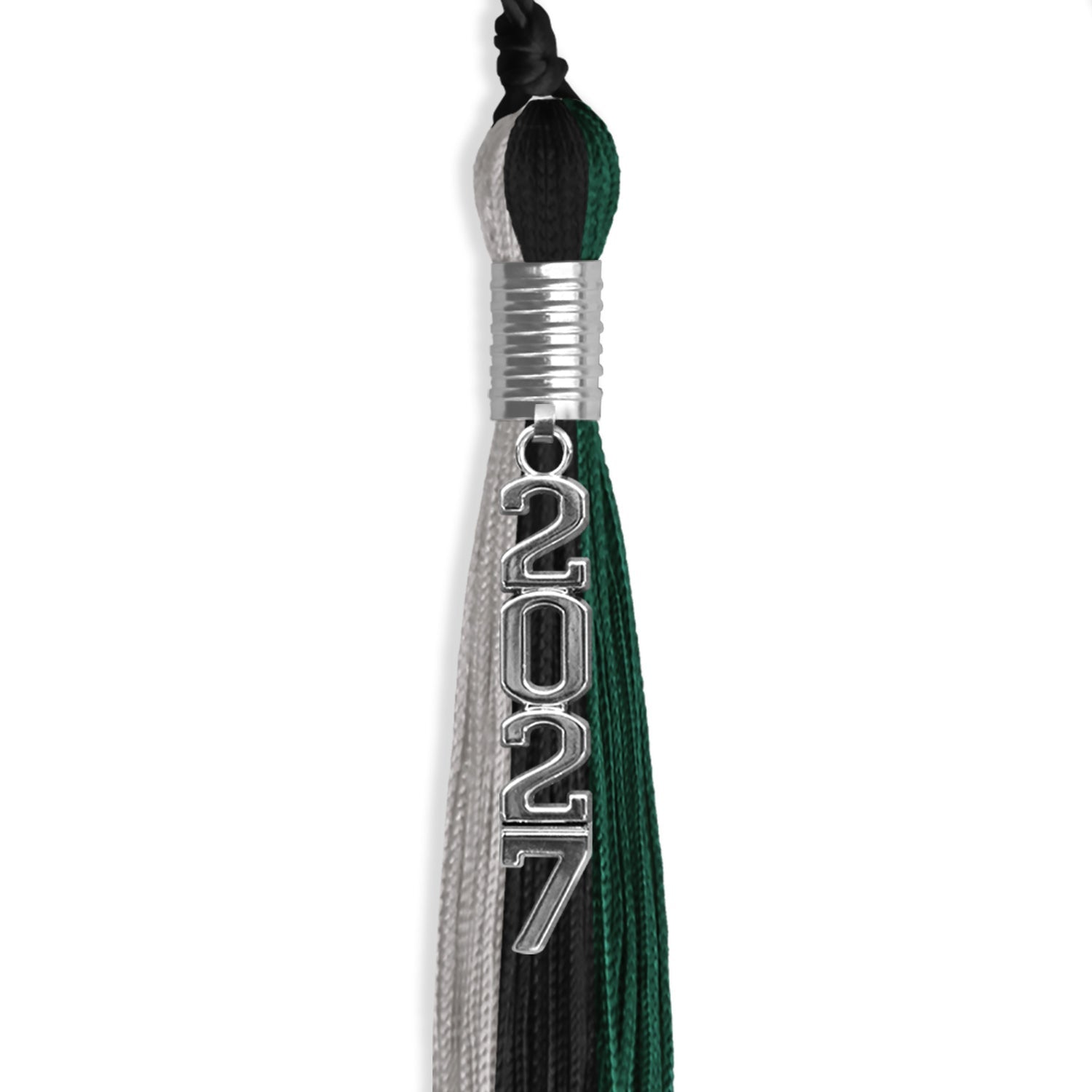 Black/Hunter Green/Silver Graduation Tassel with Silver Stacked Date Drop - Endea Graduation