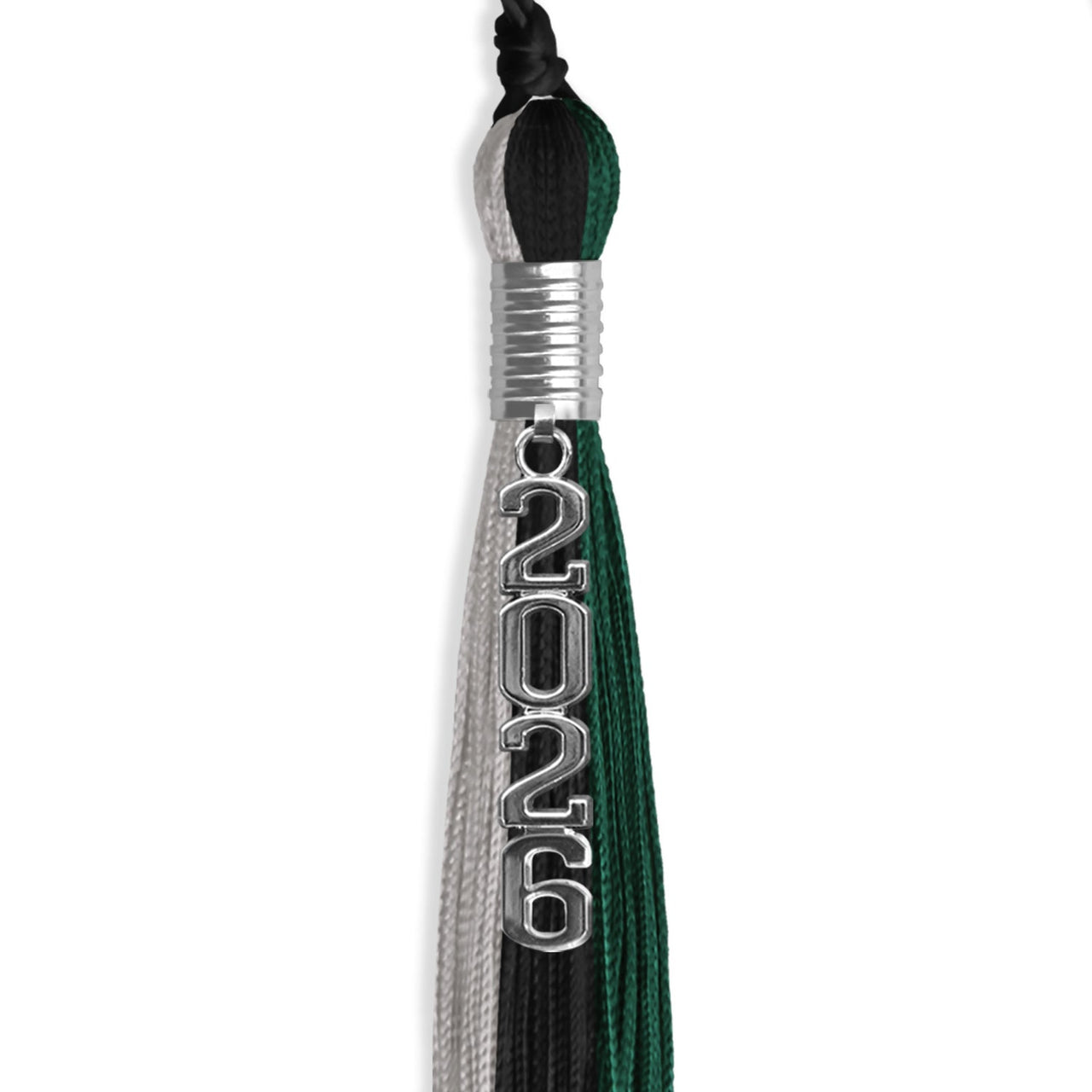 Black/Hunter Green/Silver Graduation Tassel with Silver Stacked Date Drop - Endea Graduation
