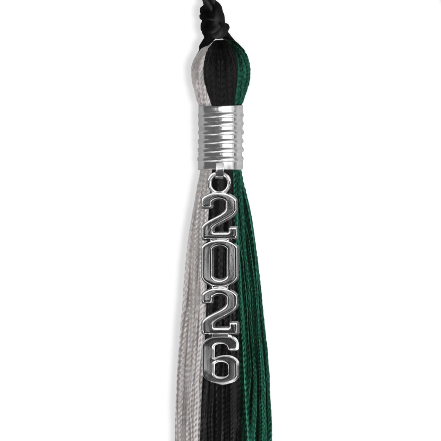 Black/Hunter Green/Silver Graduation Tassel with Silver Stacked Date Drop - Endea Graduation
