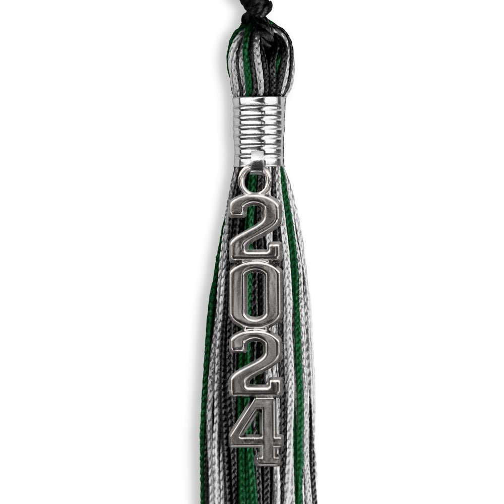 Black/Hunter Green/Silver Mixed Color Graduation Tassel with Silver Stacked Date Drop - Endea Graduation