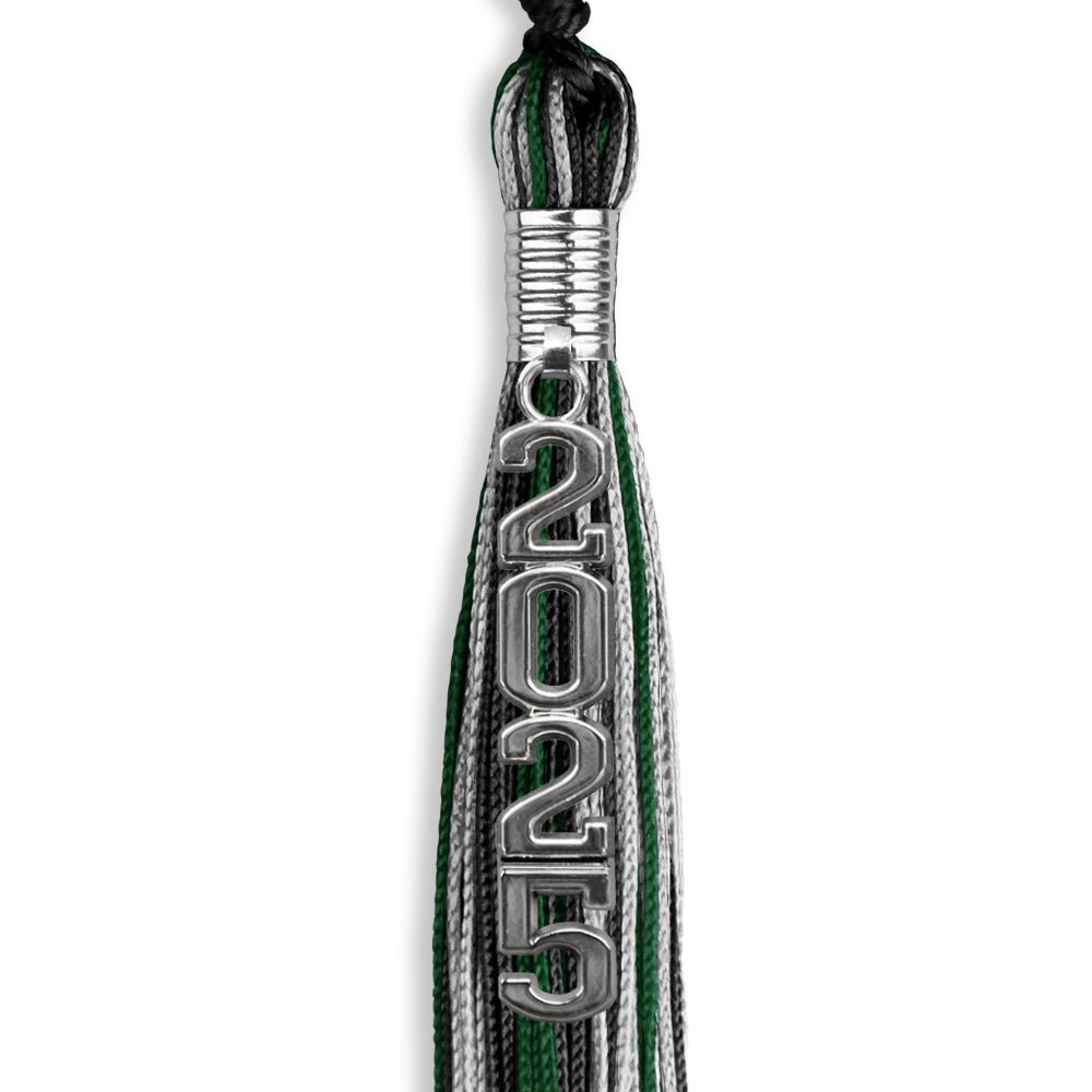 Black/Hunter Green/Silver Mixed Color Graduation Tassel with Silver Stacked Date Drop - Endea Graduation