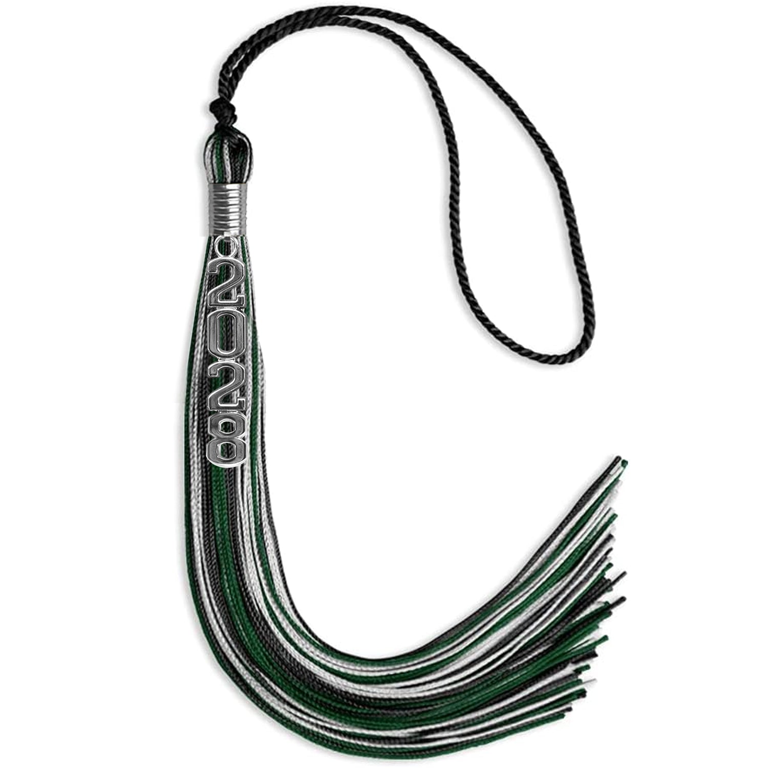 Black/Hunter Green/Silver Mixed Color Graduation Tassel with Silver Stacked Date Drop - Endea Graduation