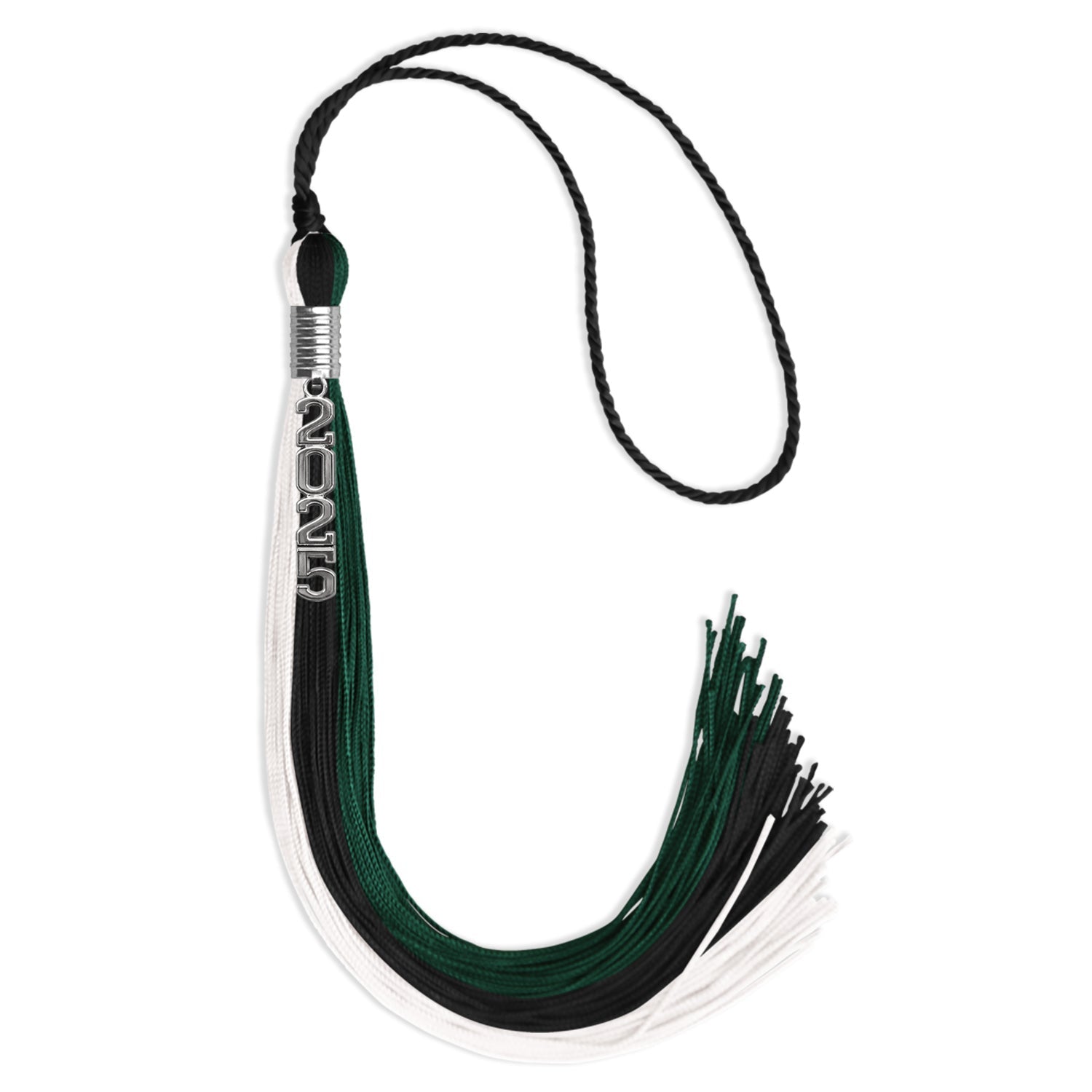 Black/Hunter Green/White Graduation Tassel with Silver Stacked Date Drop - Endea Graduation