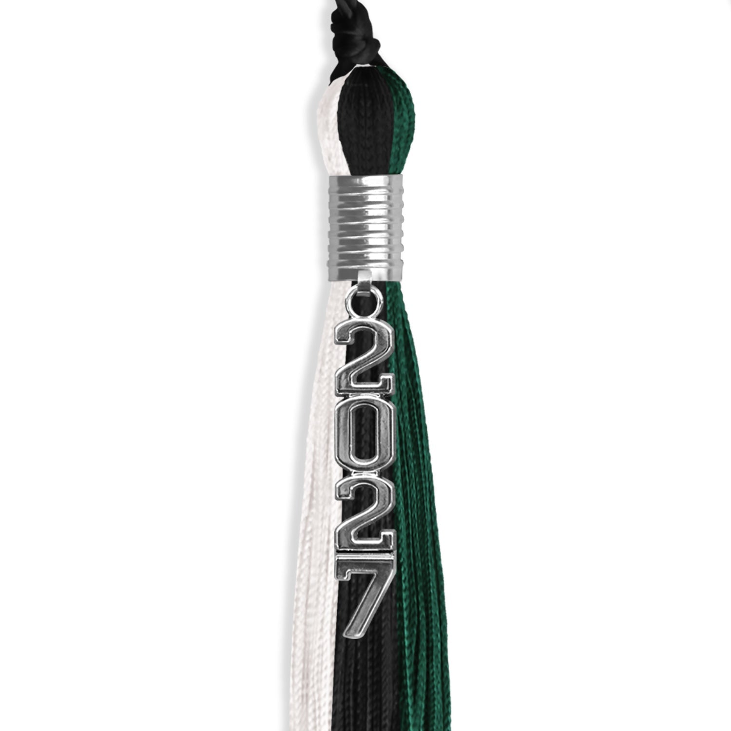 Black/Hunter Green/White Graduation Tassel with Silver Stacked Date Drop - Endea Graduation