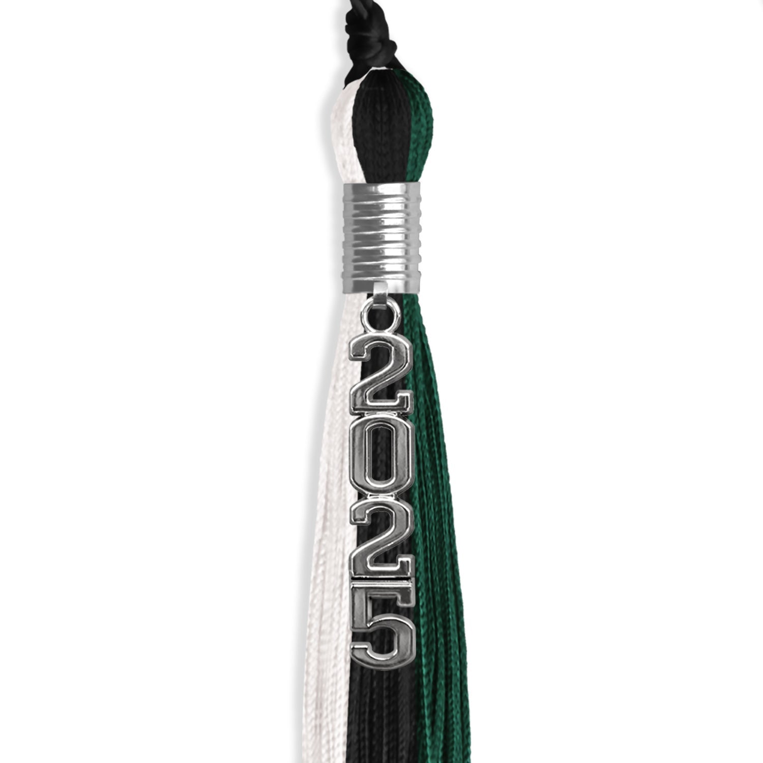 Black/Hunter Green/White Graduation Tassel with Silver Stacked Date Drop - Endea Graduation