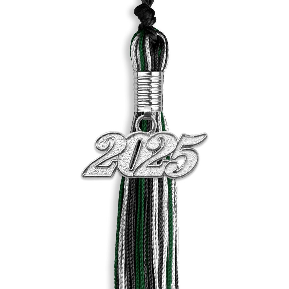 Black/Hunter Green/White Mixed Color Graduation Tassel with Silver Date Drop - Endea Graduation