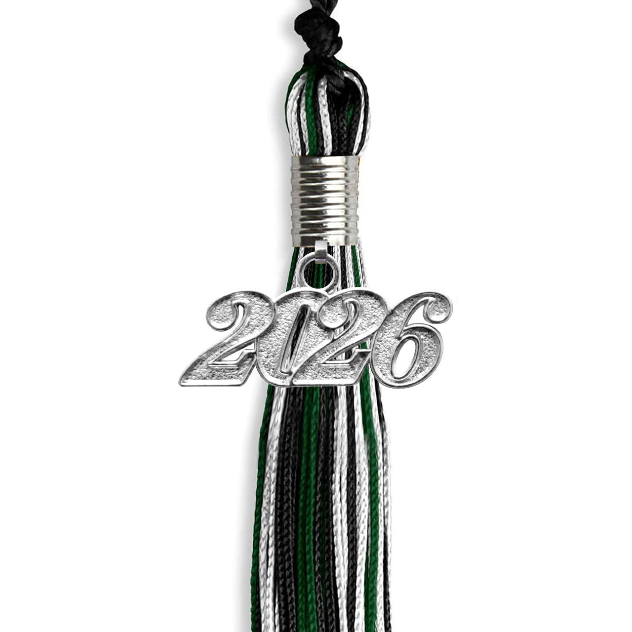 Black/Hunter Green/White Mixed Color Graduation Tassel with Silver Date Drop - Endea Graduation