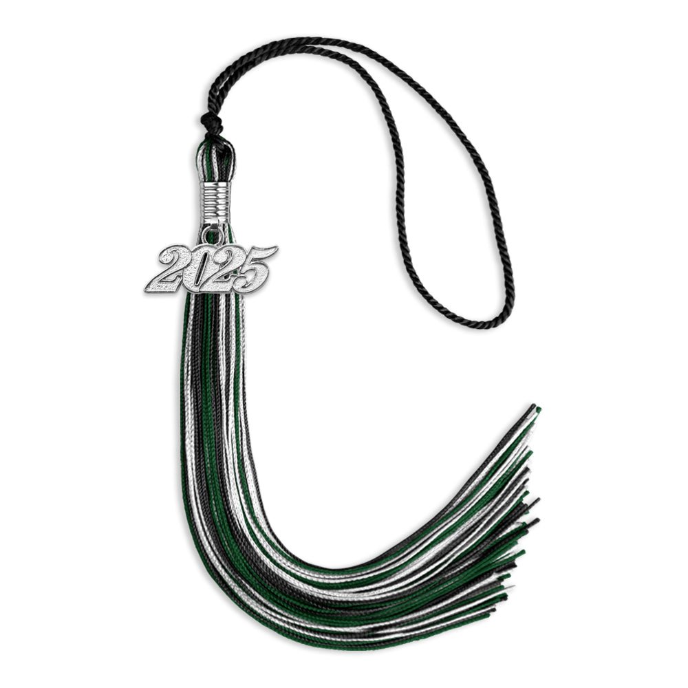 Black/Hunter Green/White Mixed Color Graduation Tassel with Silver Date Drop - Endea Graduation