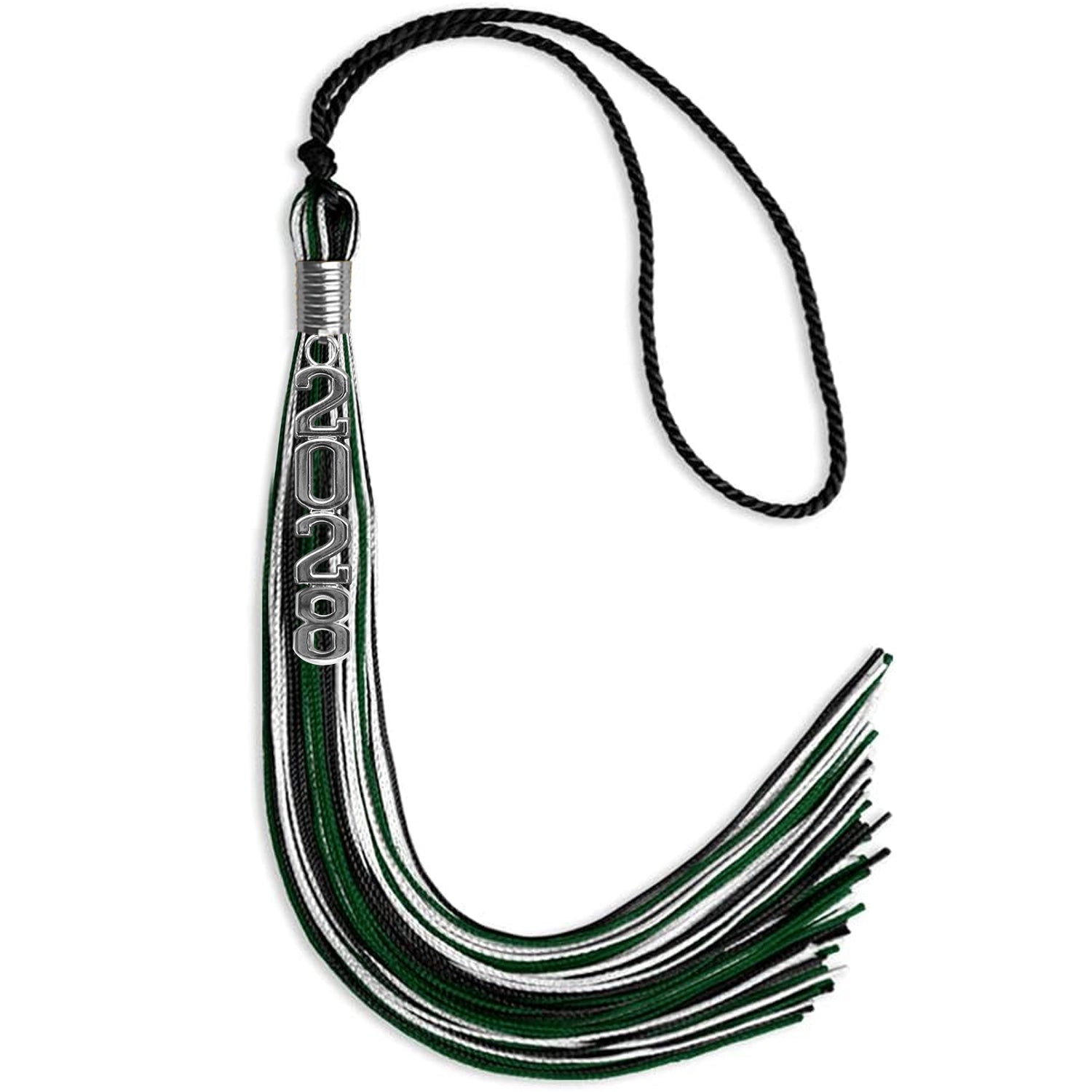 Black/Hunter Green/White Mixed Color Graduation Tassel with Silver Stacked Date Drop - Endea Graduation