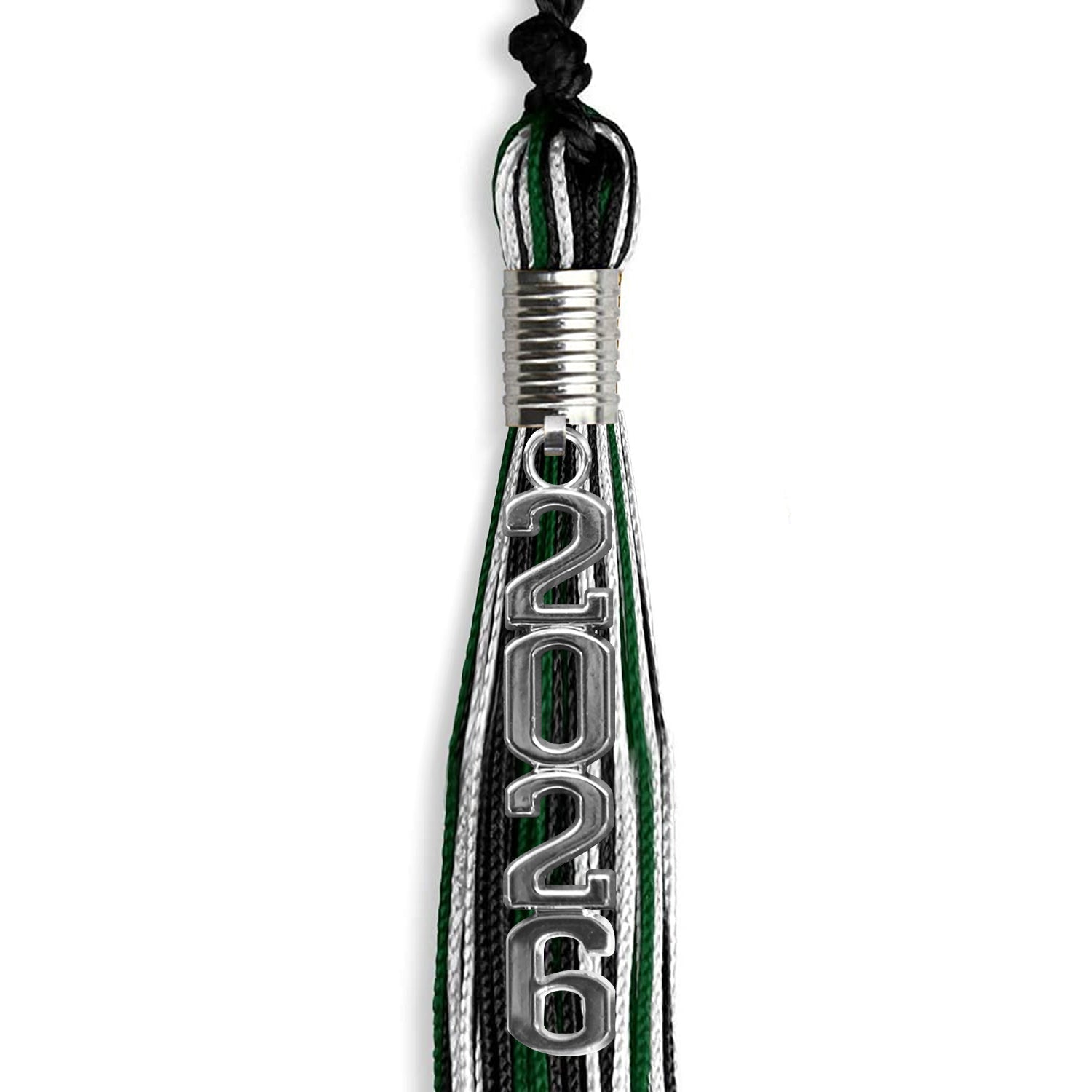 Black/Hunter Green/White Mixed Color Graduation Tassel with Silver Stacked Date Drop - Endea Graduation