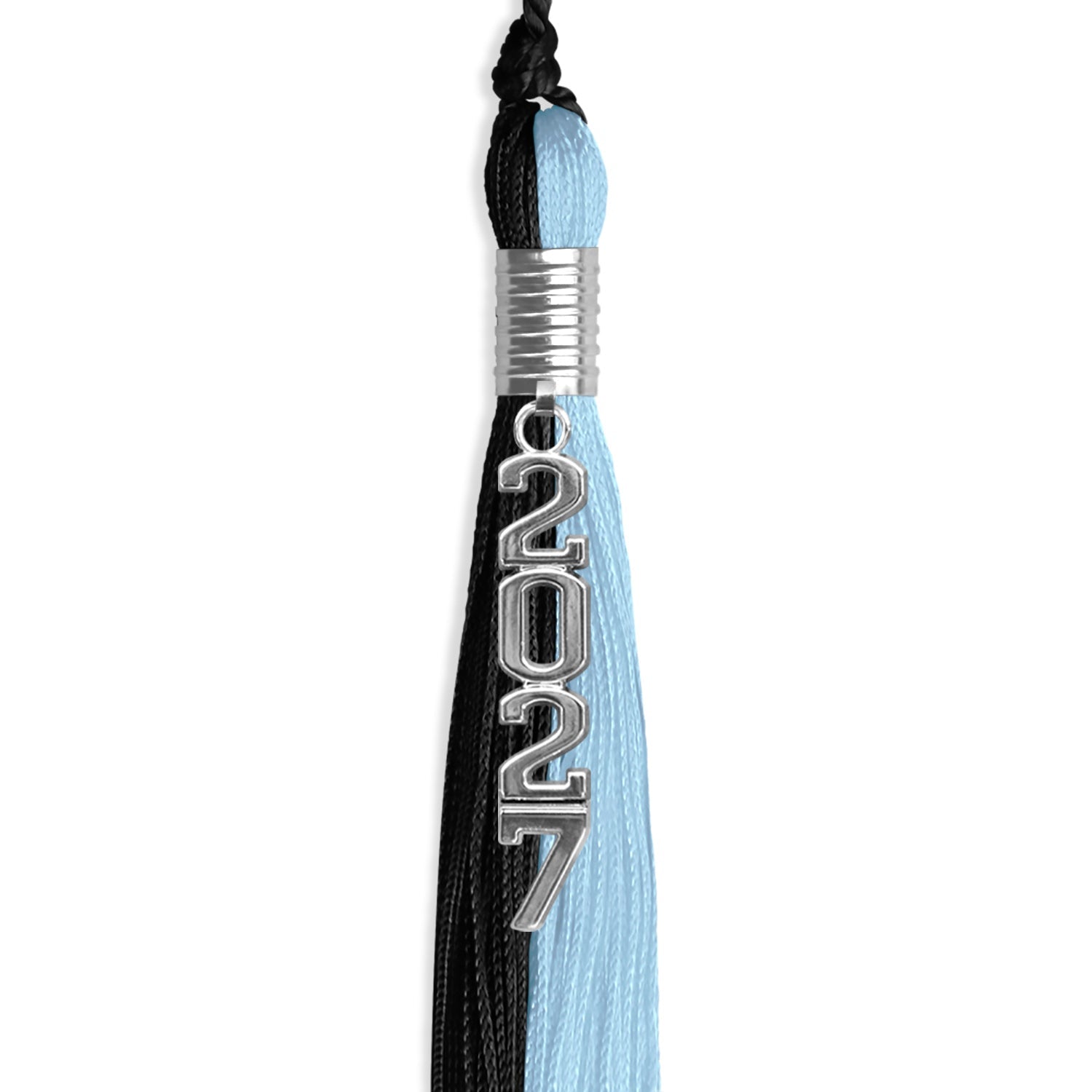 Black/Light Blue Graduation Tassel with Silver Stacked Date Drop - Endea Graduation