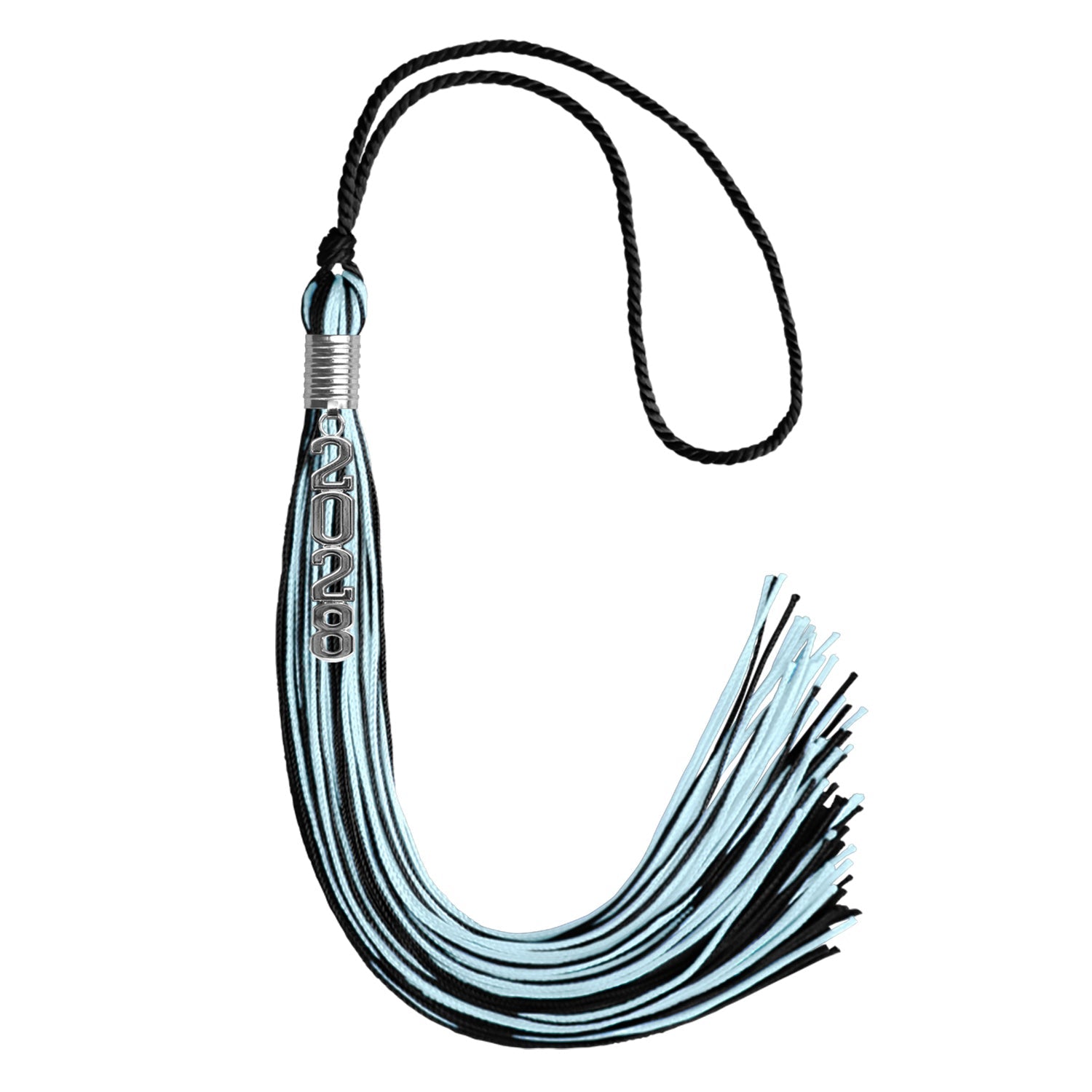 Black/Light Blue Mixed Color Graduation Tassel with Stacked Silver Date Drop - Endea Graduation