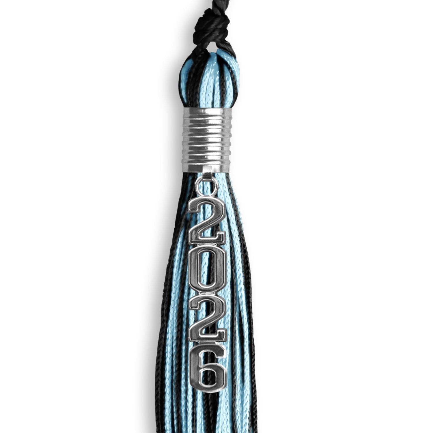 Black/Light Blue Mixed Color Graduation Tassel with Stacked Silver Date Drop - Endea Graduation