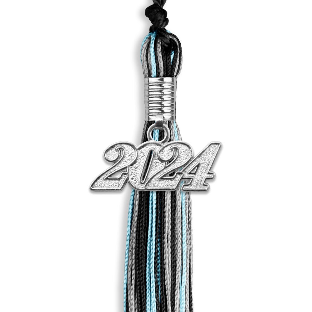 Black/Light Blue/Silver Mixed Color Graduation Tassel with Silver Date Drop - Endea Graduation