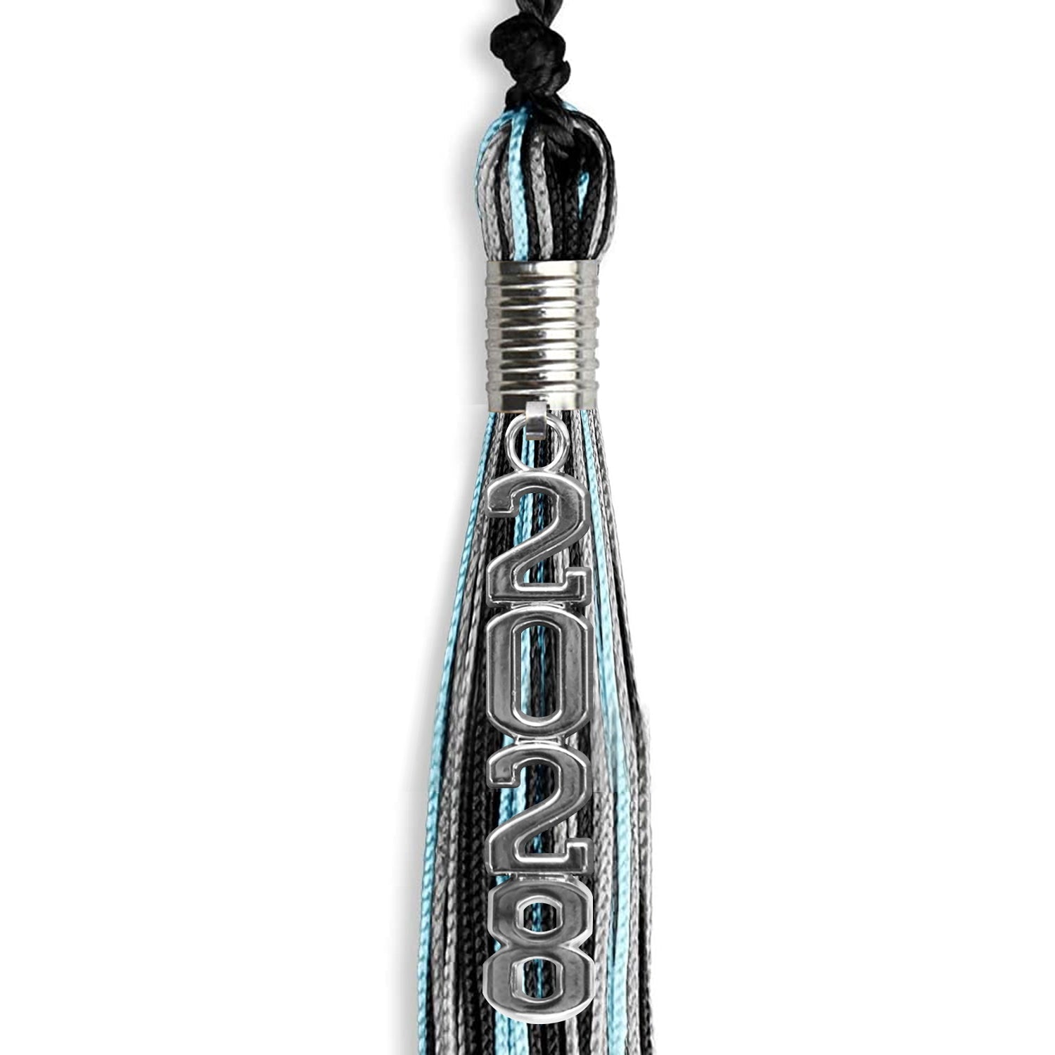 Black/Light Blue/Silver Mixed Color Graduation Tassel with Silver Stacked Date Drop - Endea Graduation