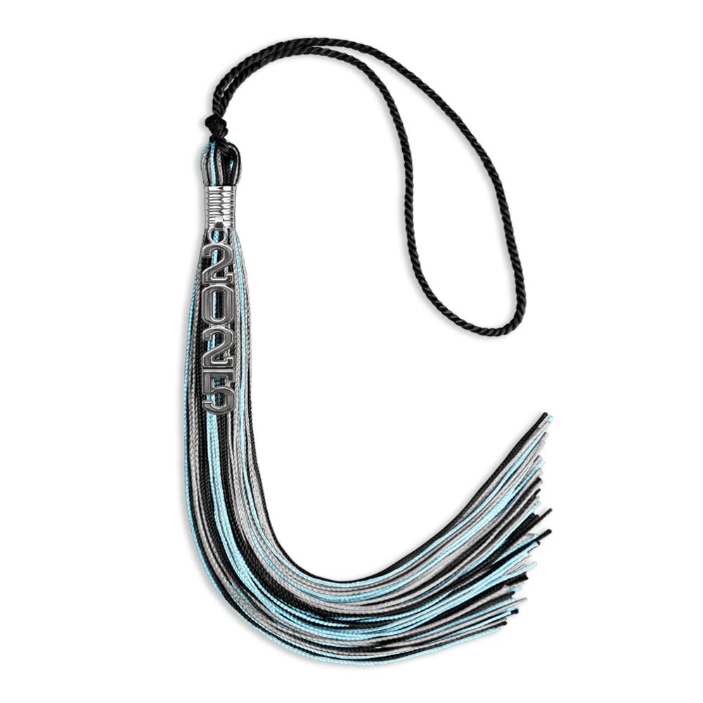 Black/Light Blue/Silver Mixed Color Graduation Tassel with Silver Stacked Date Drop - Endea Graduation