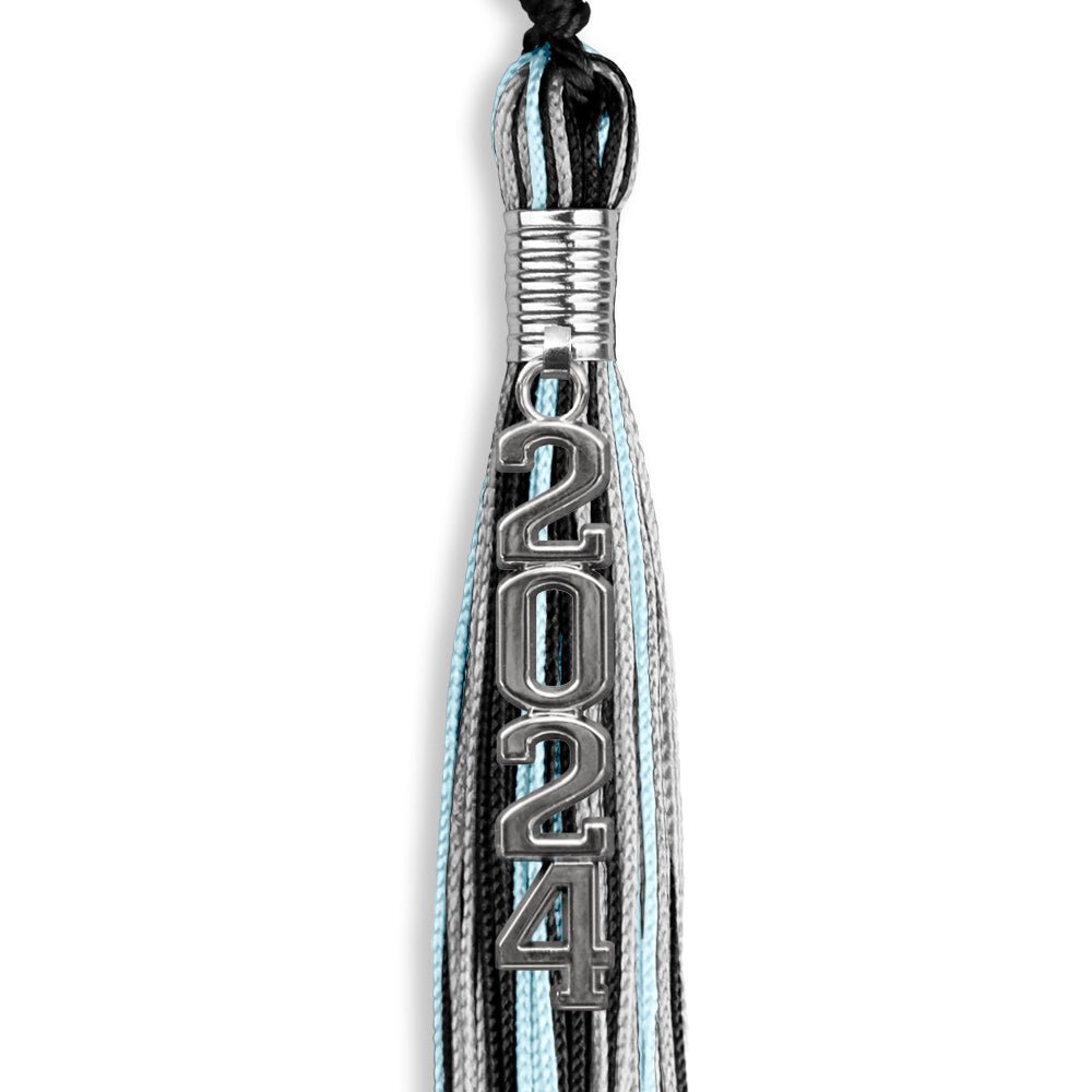 Black/Light Blue/Silver Mixed Color Graduation Tassel with Silver Stacked Date Drop - Endea Graduation