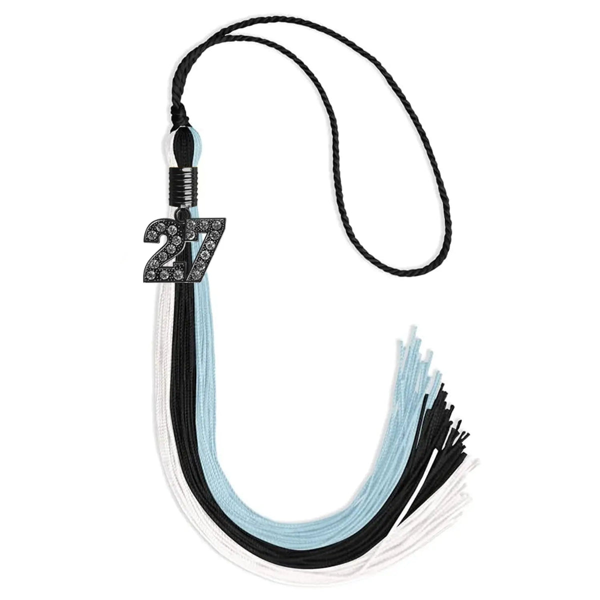 Black/Light Blue/White Graduation Tassel with Black Bling Charm - Endea Graduation