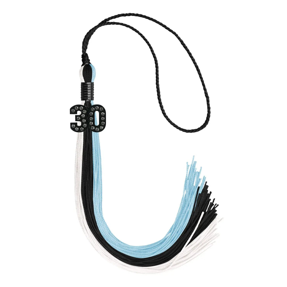 Black/Light Blue/White Graduation Tassel with Black Bling Charm - Endea Graduation