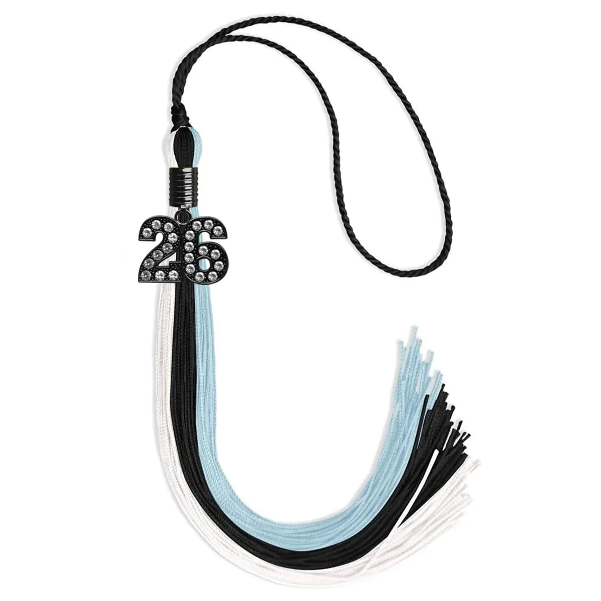 Black/Light Blue/White Graduation Tassel with Black Bling Charm - Endea Graduation