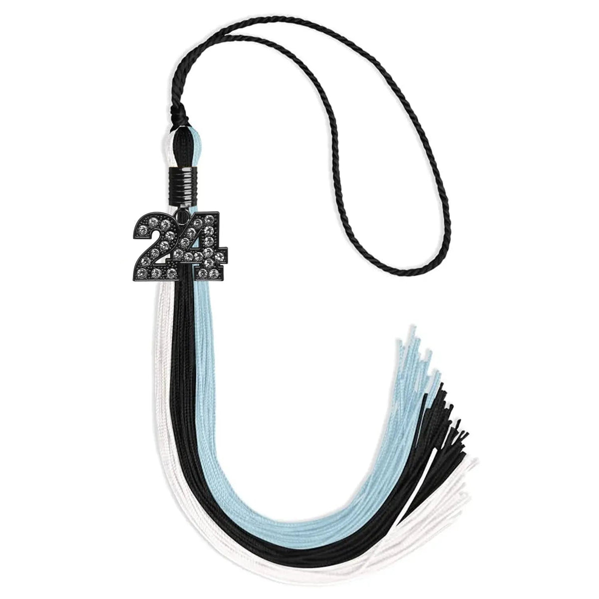 Black/Light Blue/White Graduation Tassel with Black Bling Charm - Endea Graduation