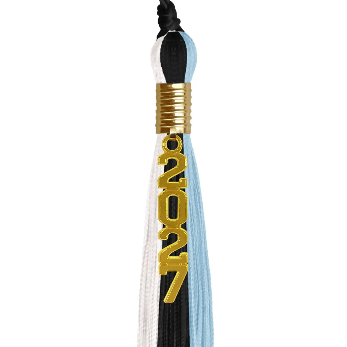 Black/Light Blue/White Graduation Tassel with Gold Stacked Date Drop - Endea Graduation