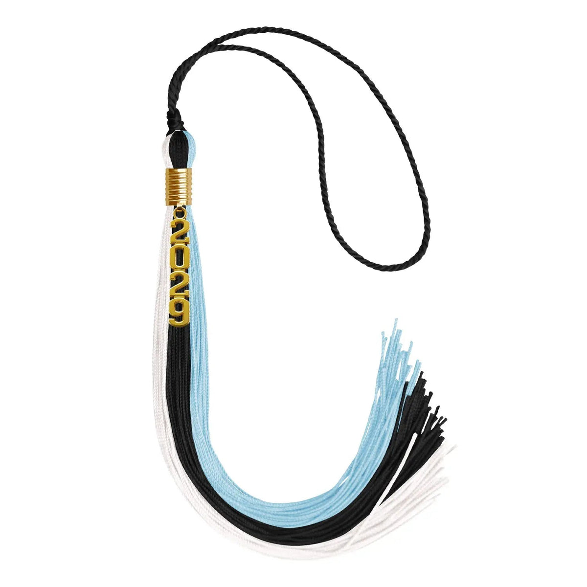 Black/Light Blue/White Graduation Tassel with Gold Stacked Date Drop - Endea Graduation