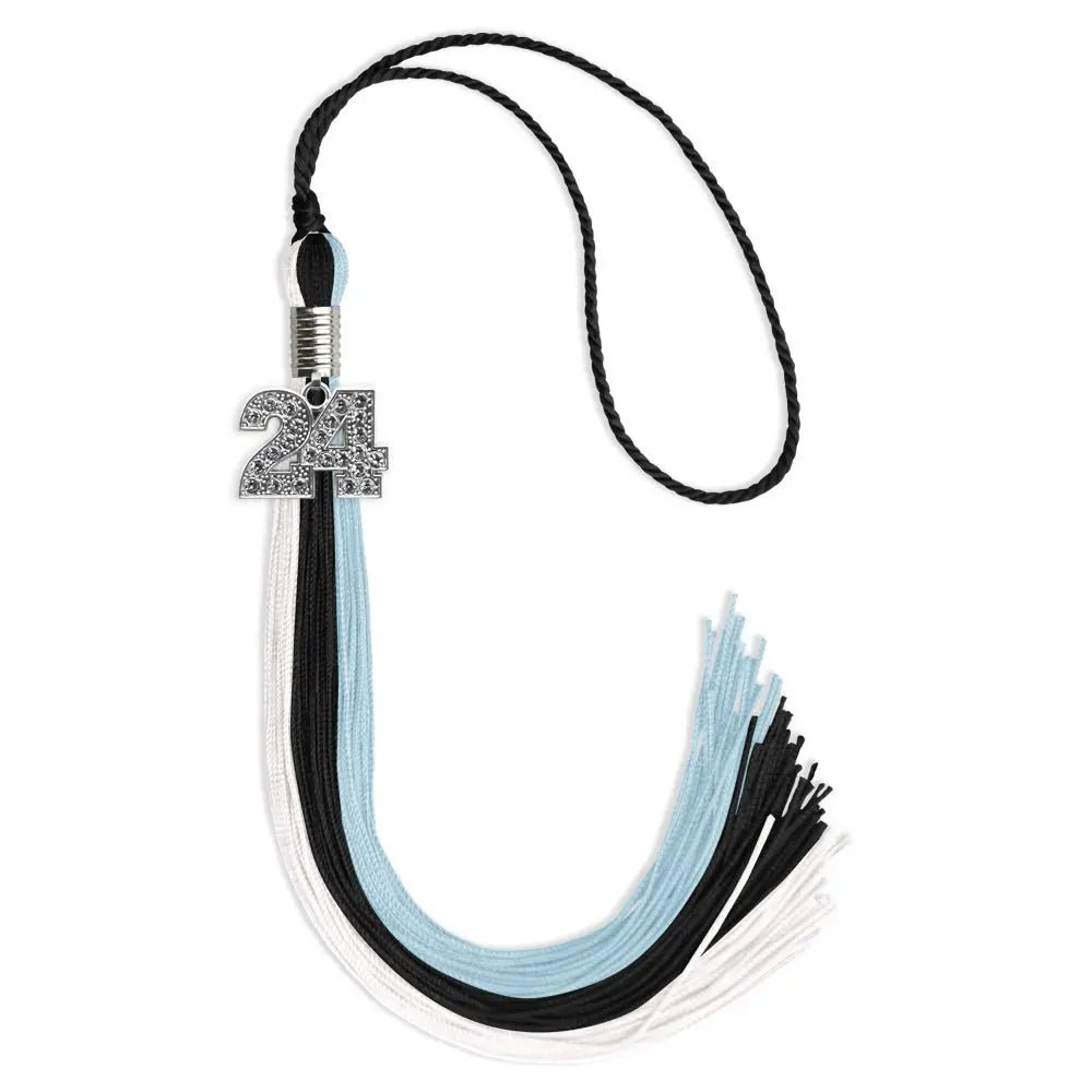 Black/Light Blue/White Graduation Tassel with Silver Bling Charm - Endea Graduation