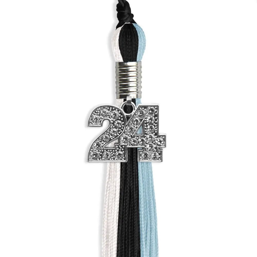 Black/Light Blue/White Graduation Tassel with Silver Bling Charm - Endea Graduation