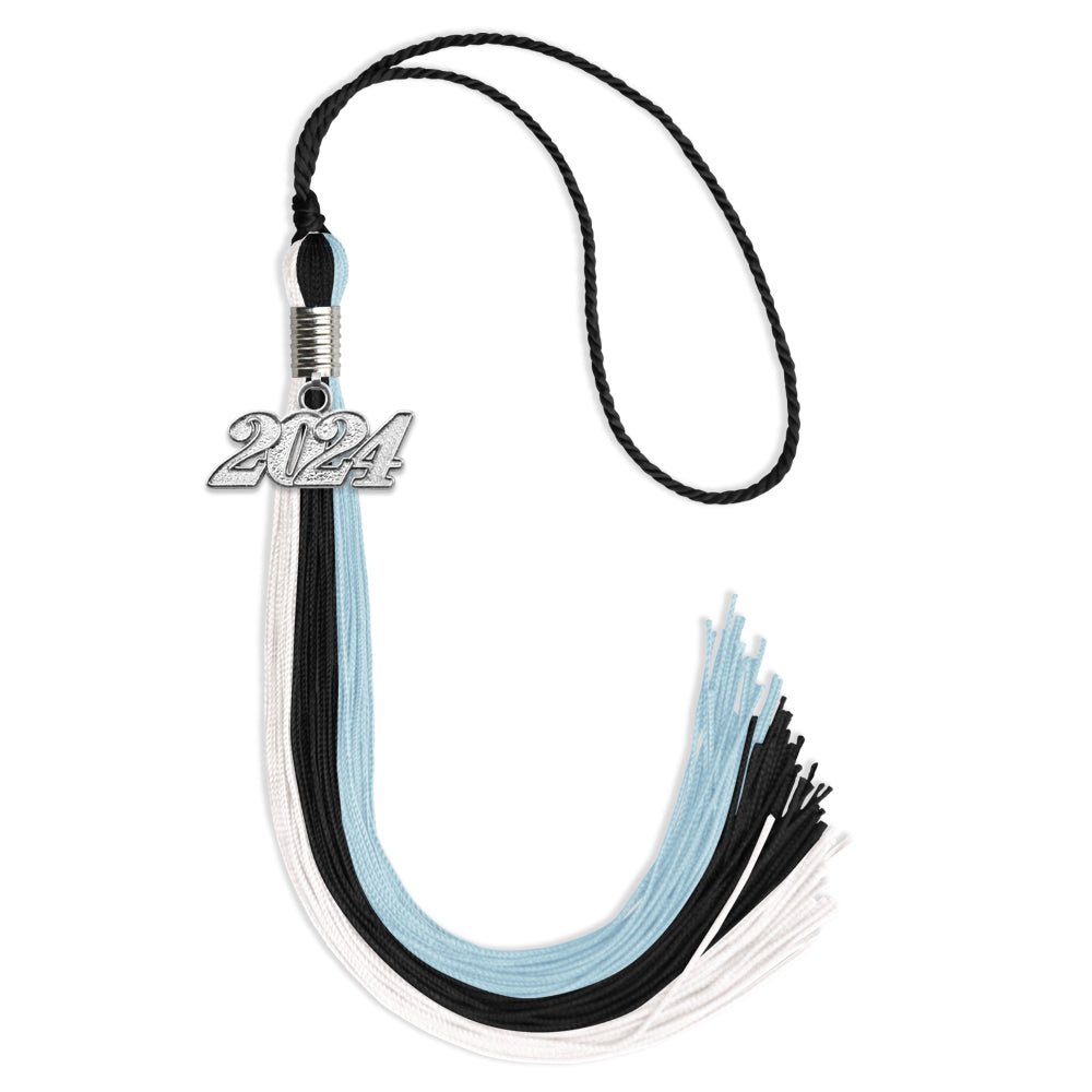 Black/Light Blue/White Graduation Tassel with Silver Date Drop - Endea Graduation