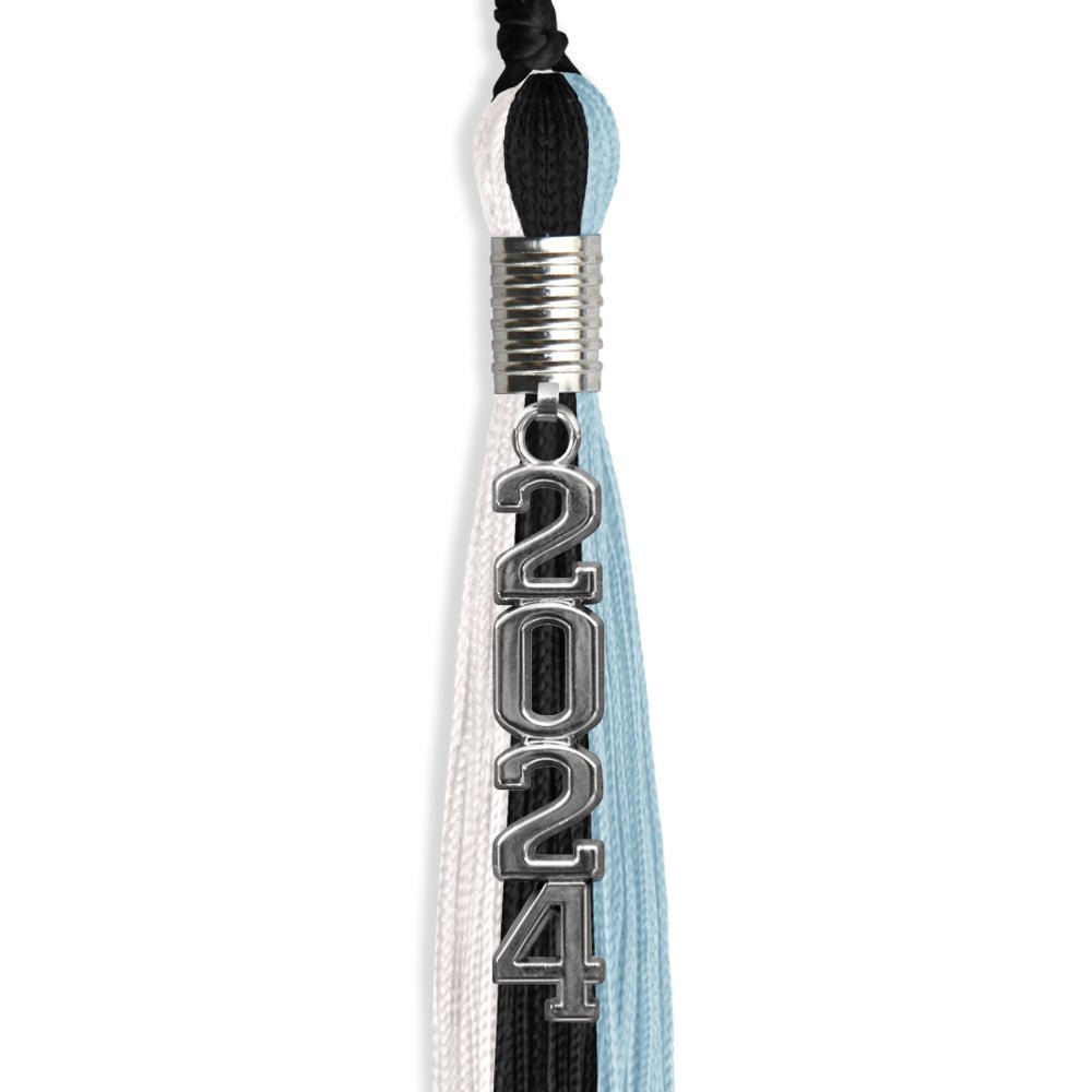 Black/Light Blue/White Graduation Tassel with Silver Stacked Date Drop - Endea Graduation