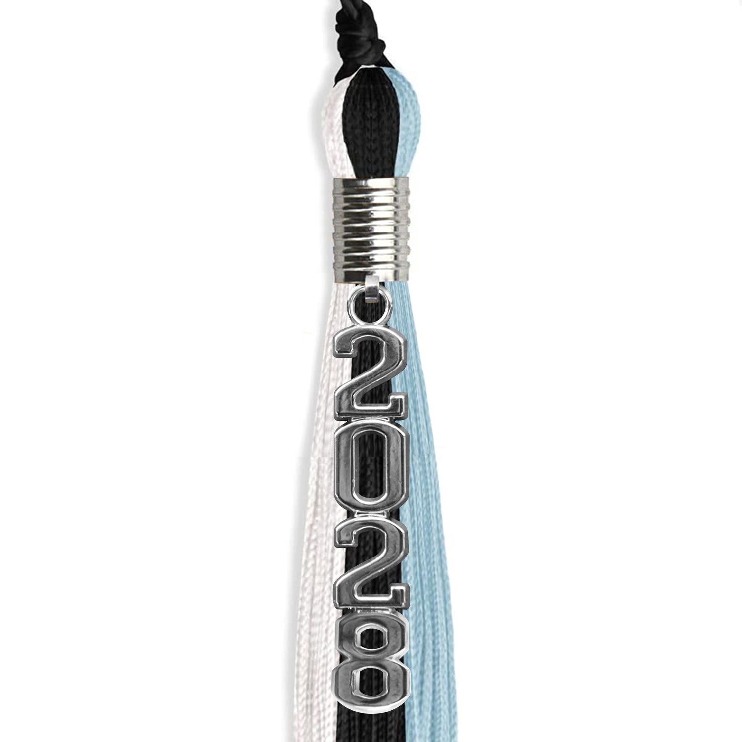 Black/Light Blue/White Graduation Tassel with Silver Stacked Date Drop - Endea Graduation