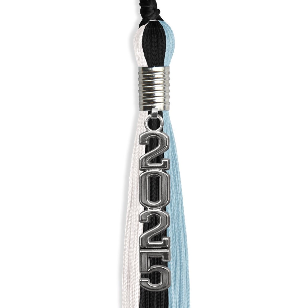 Black/Light Blue/White Graduation Tassel with Silver Stacked Date Drop - Endea Graduation