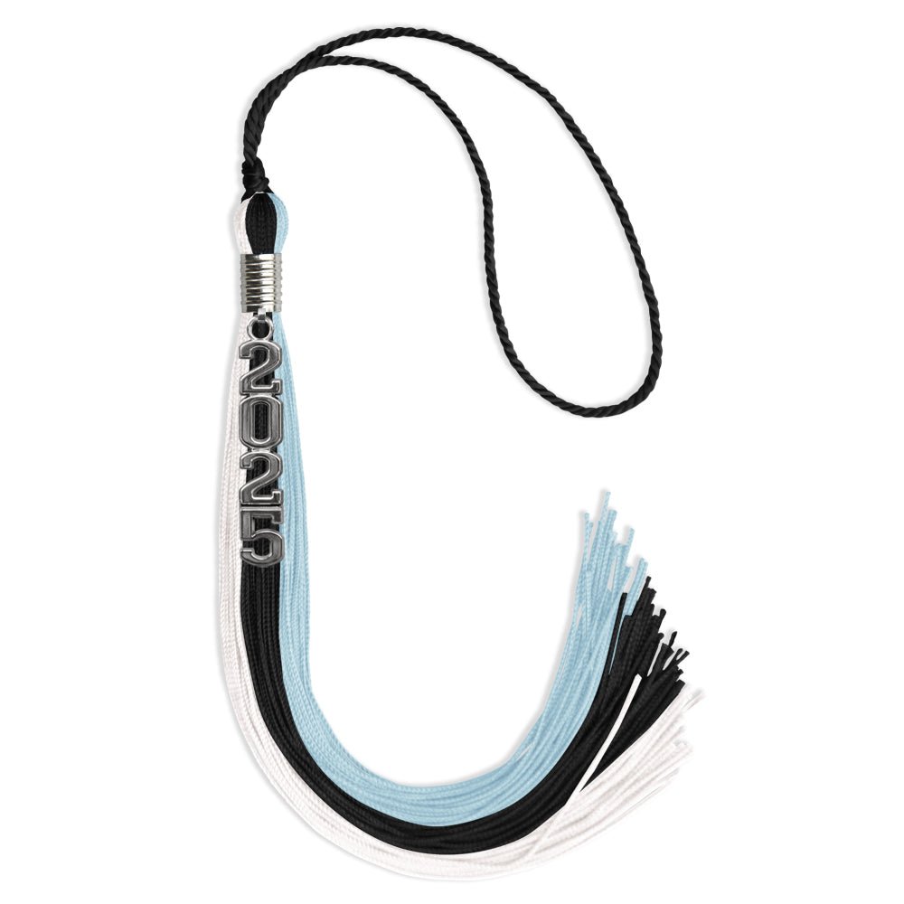 Black/Light Blue/White Graduation Tassel with Silver Stacked Date Drop - Endea Graduation