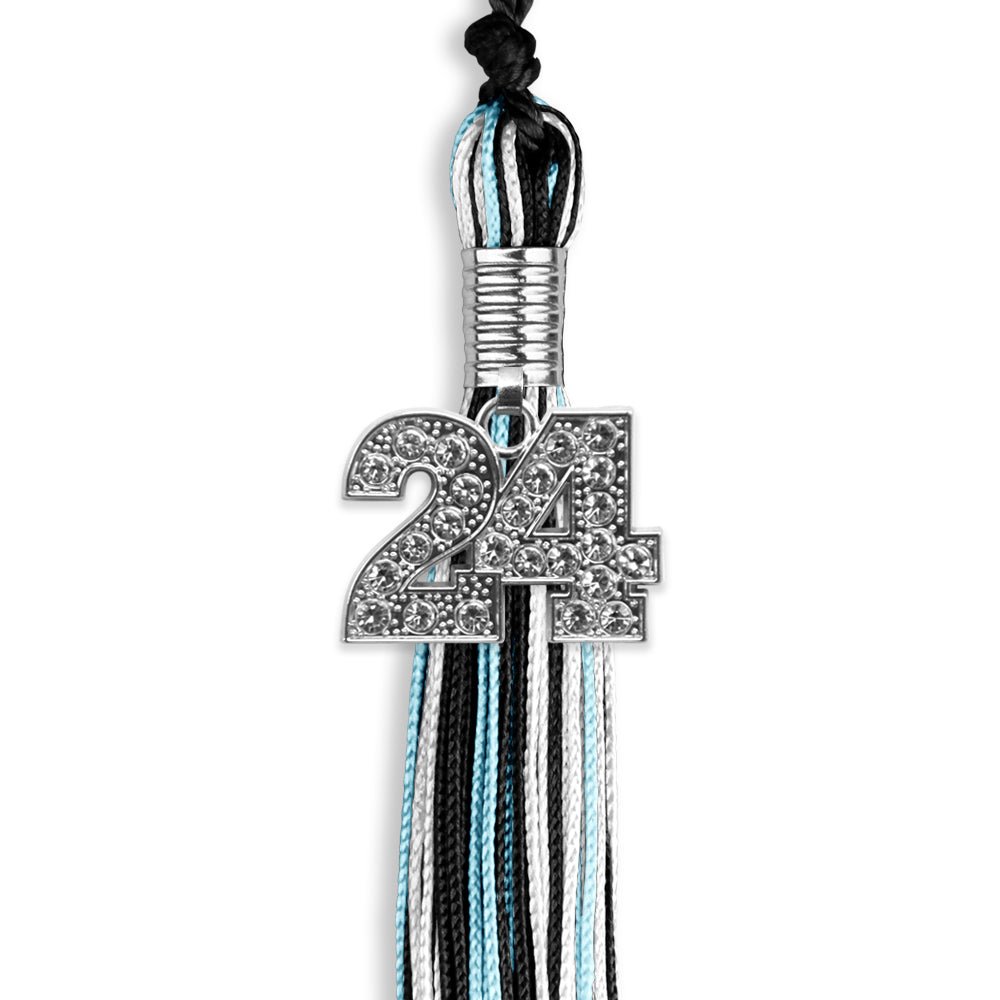 Black/Light Blue/White Mixed Color Graduation Tassel with Silver Date Drop - Endea Graduation