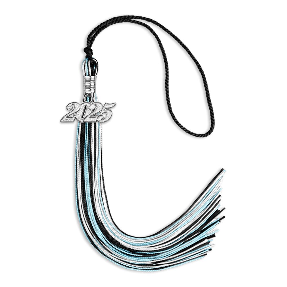 Black/Light Blue/White Mixed Color Graduation Tassel with Silver Date Drop - Endea Graduation