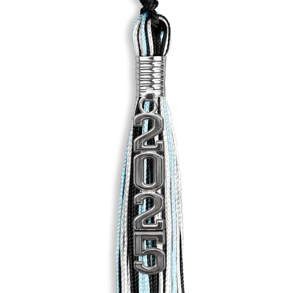 Black/Light Blue/White Mixed Color Graduation Tassel with Silver Stacked Date Drop - Endea Graduation