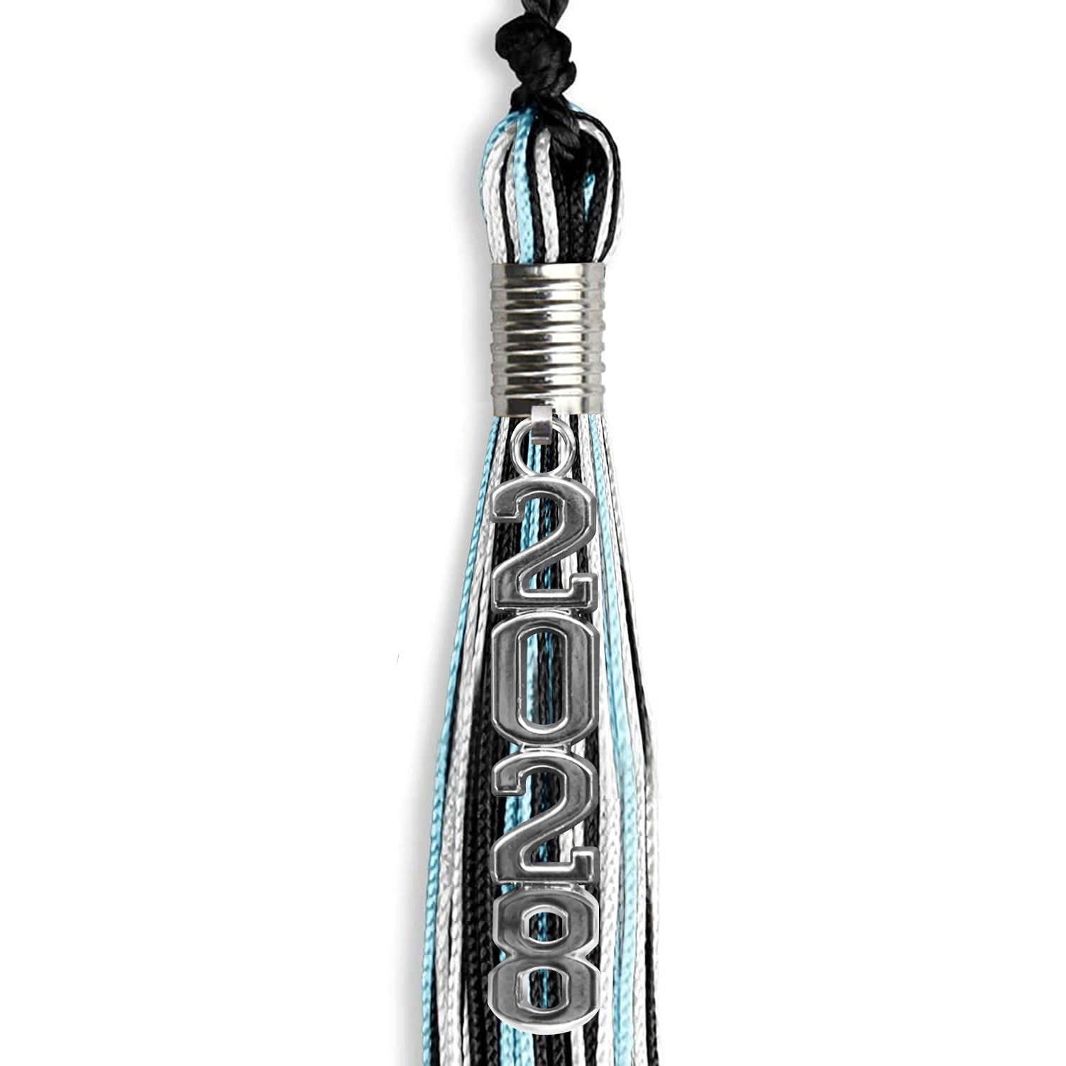 Black/Light Blue/White Mixed Color Graduation Tassel with Silver Stacked Date Drop - Endea Graduation