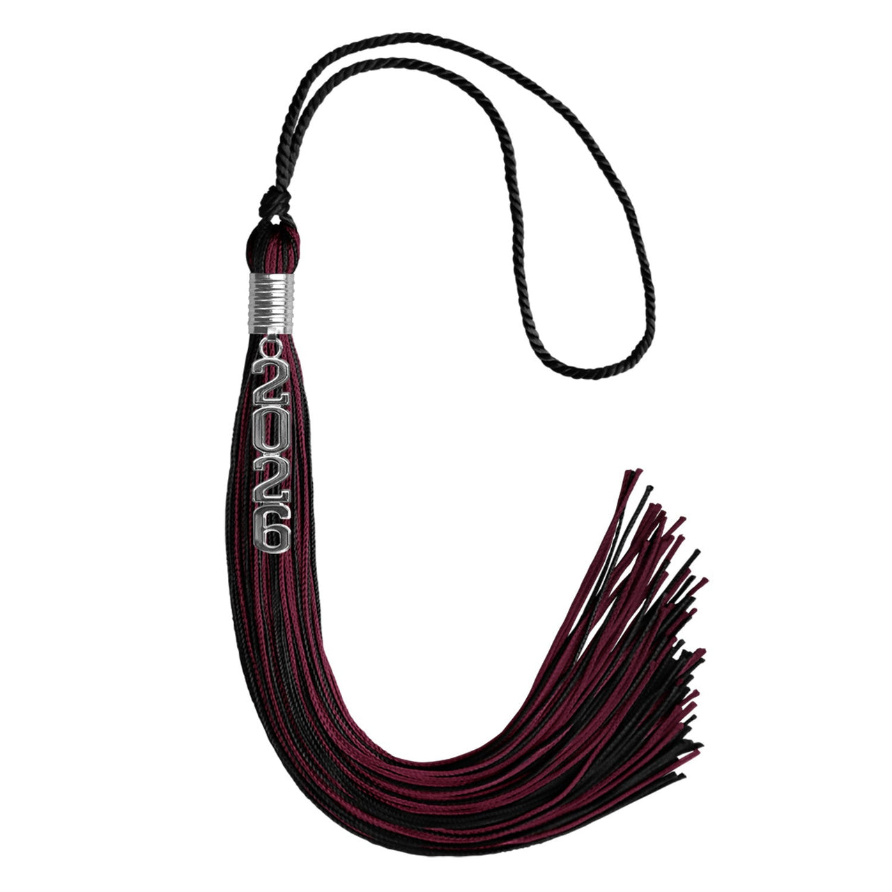 Black/Maroon Mixed Color Graduation Tassel with Stacked Silver Date Drop - Endea Graduation