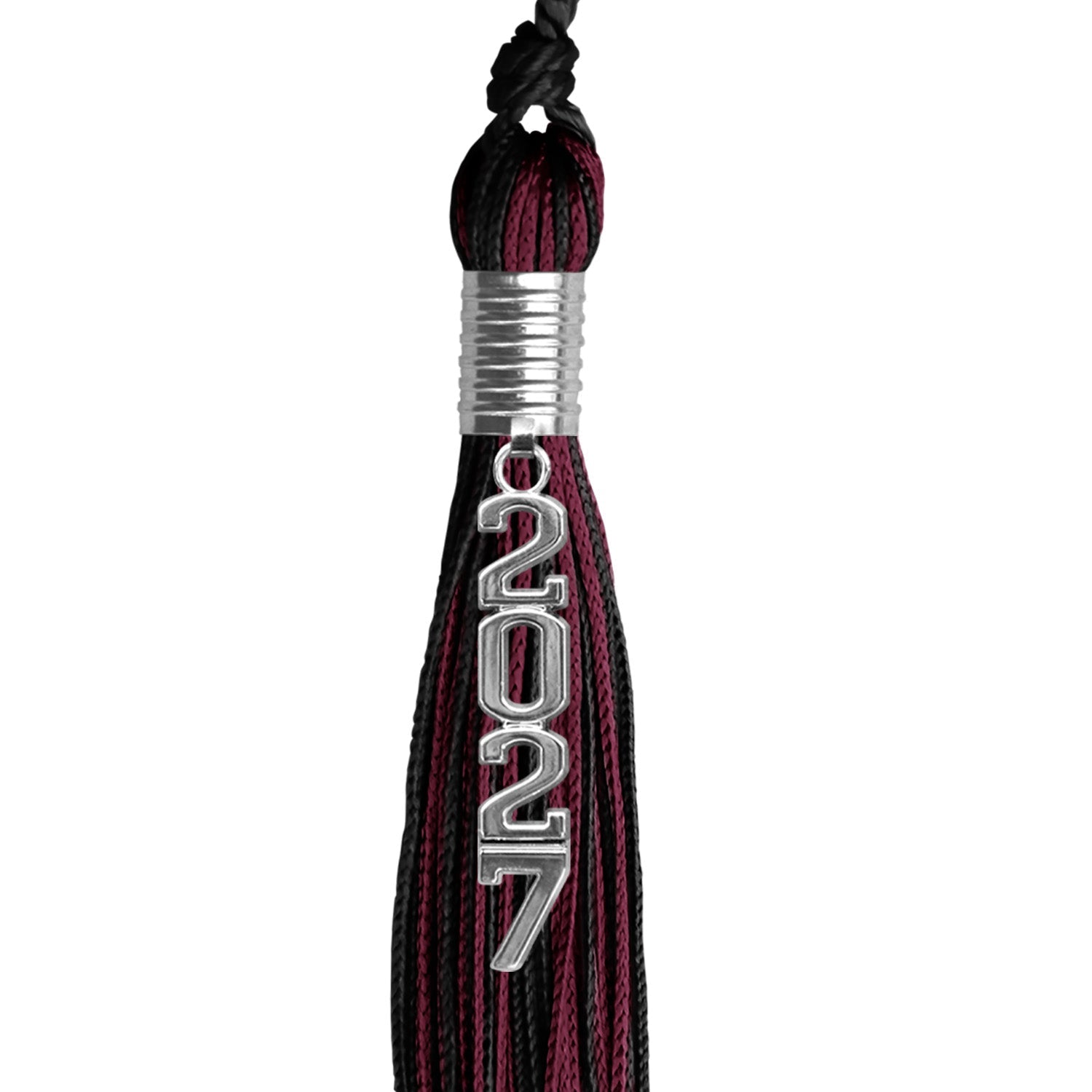 Black/Maroon Mixed Color Graduation Tassel with Stacked Silver Date Drop - Endea Graduation