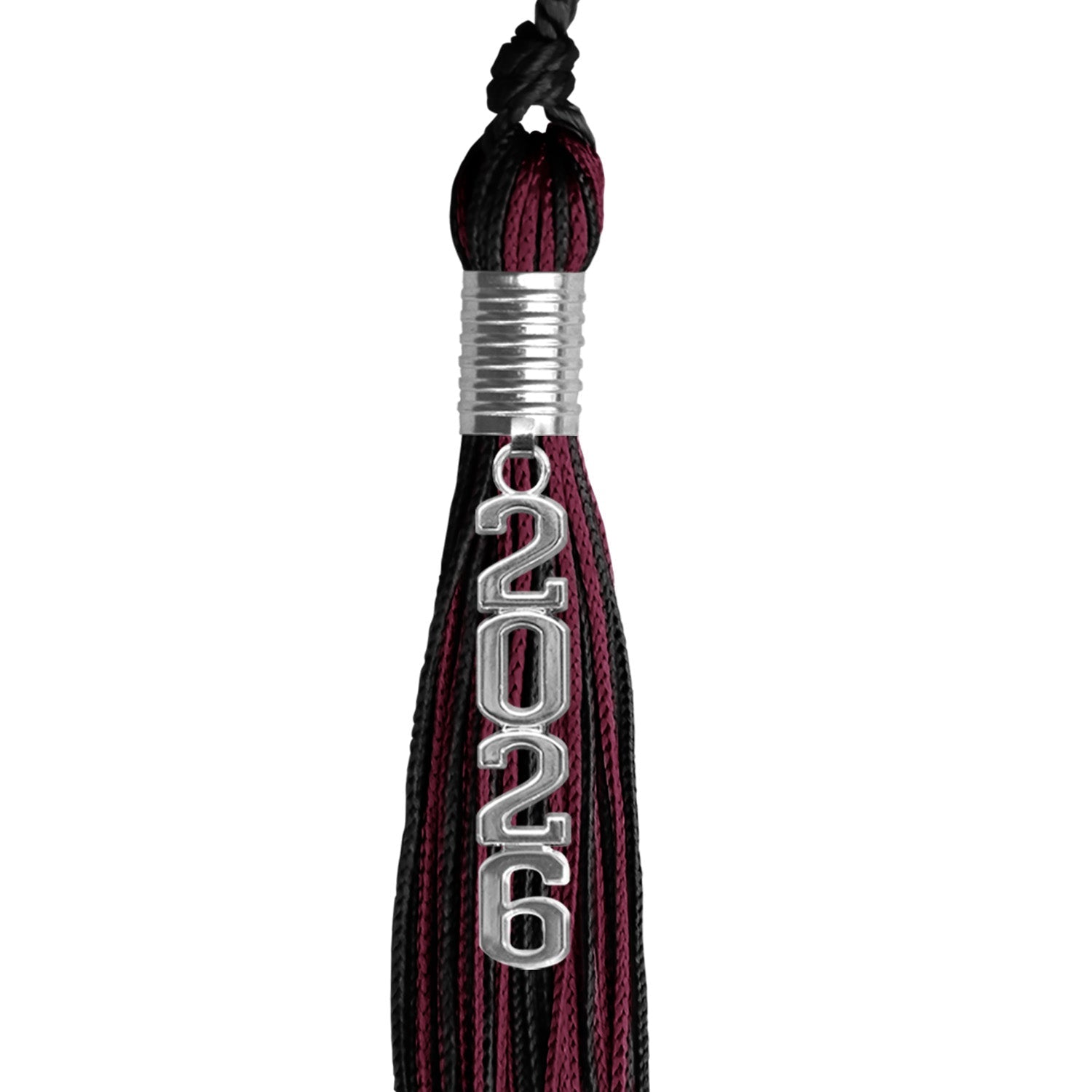 Black/Maroon Mixed Color Graduation Tassel with Stacked Silver Date Drop - Endea Graduation