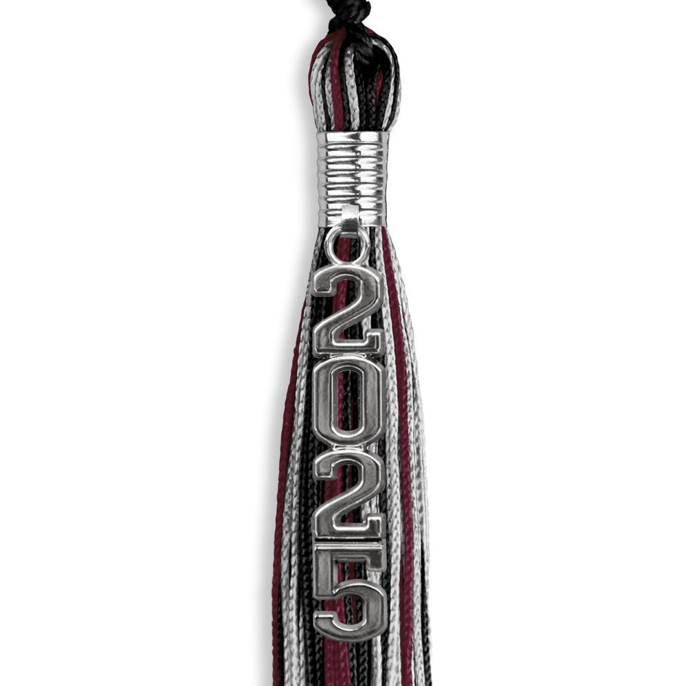 Black/Maroon/Silver Mixed Color Graduation Tassel with Silver Stacked Date Drop - Endea Graduation