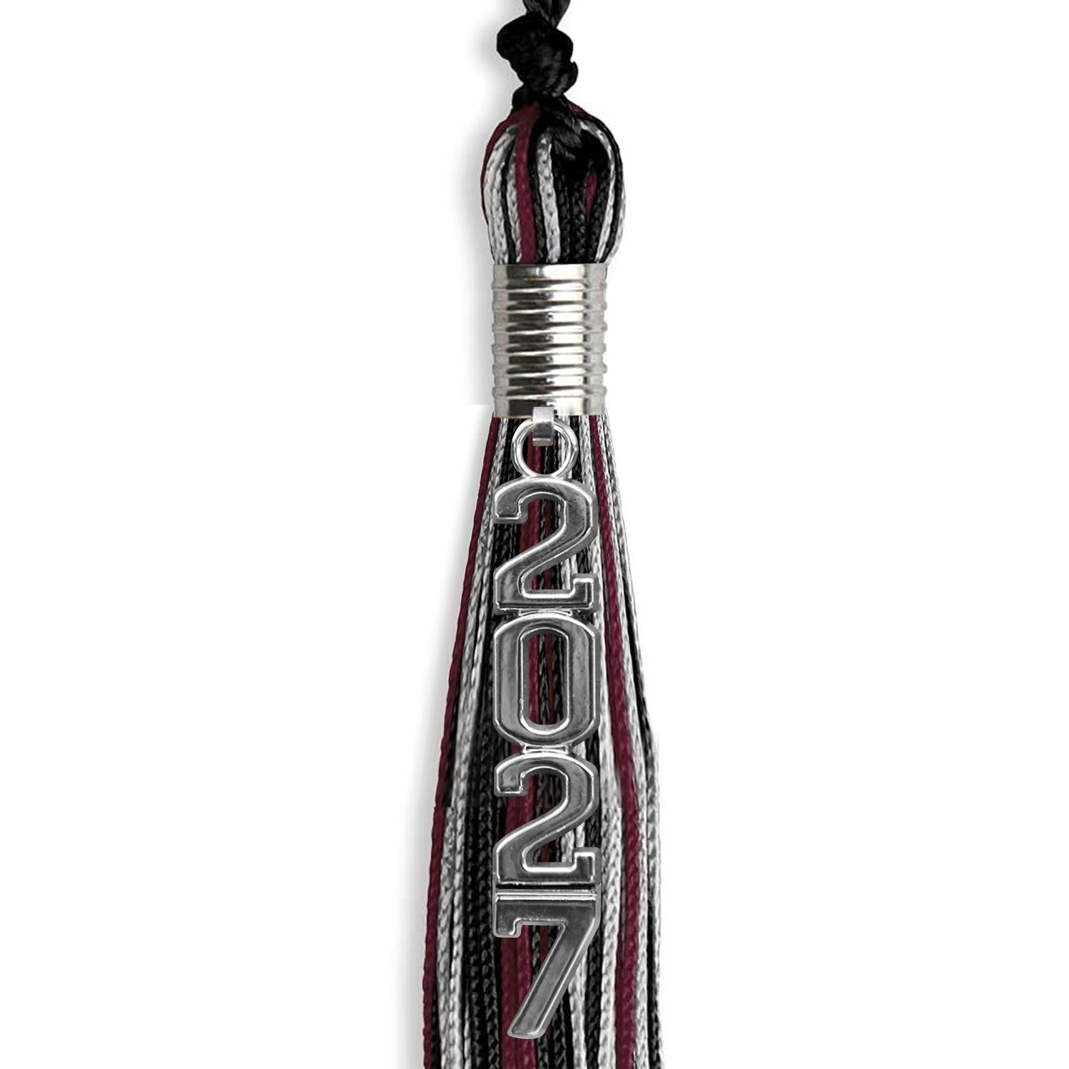 Black/Maroon/Silver Mixed Color Graduation Tassel with Silver Stacked Date Drop - Endea Graduation