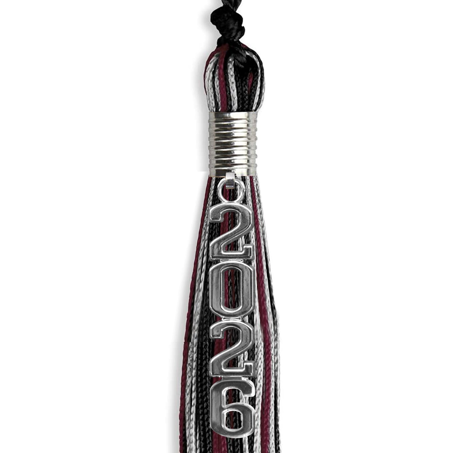 Black/Maroon/Silver Mixed Color Graduation Tassel with Silver Stacked Date Drop - Endea Graduation