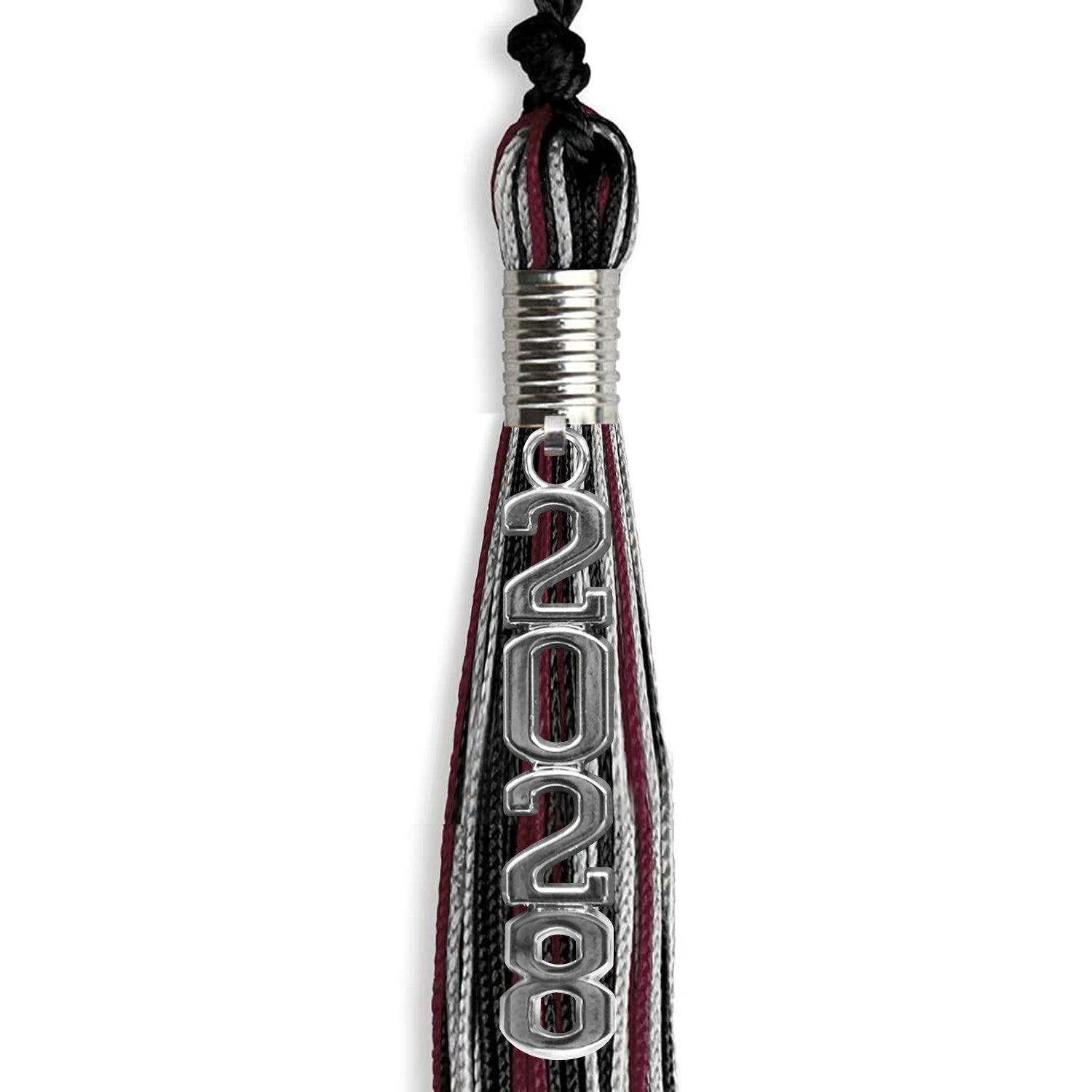 Black/Maroon/Silver Mixed Color Graduation Tassel with Silver Stacked Date Drop - Endea Graduation