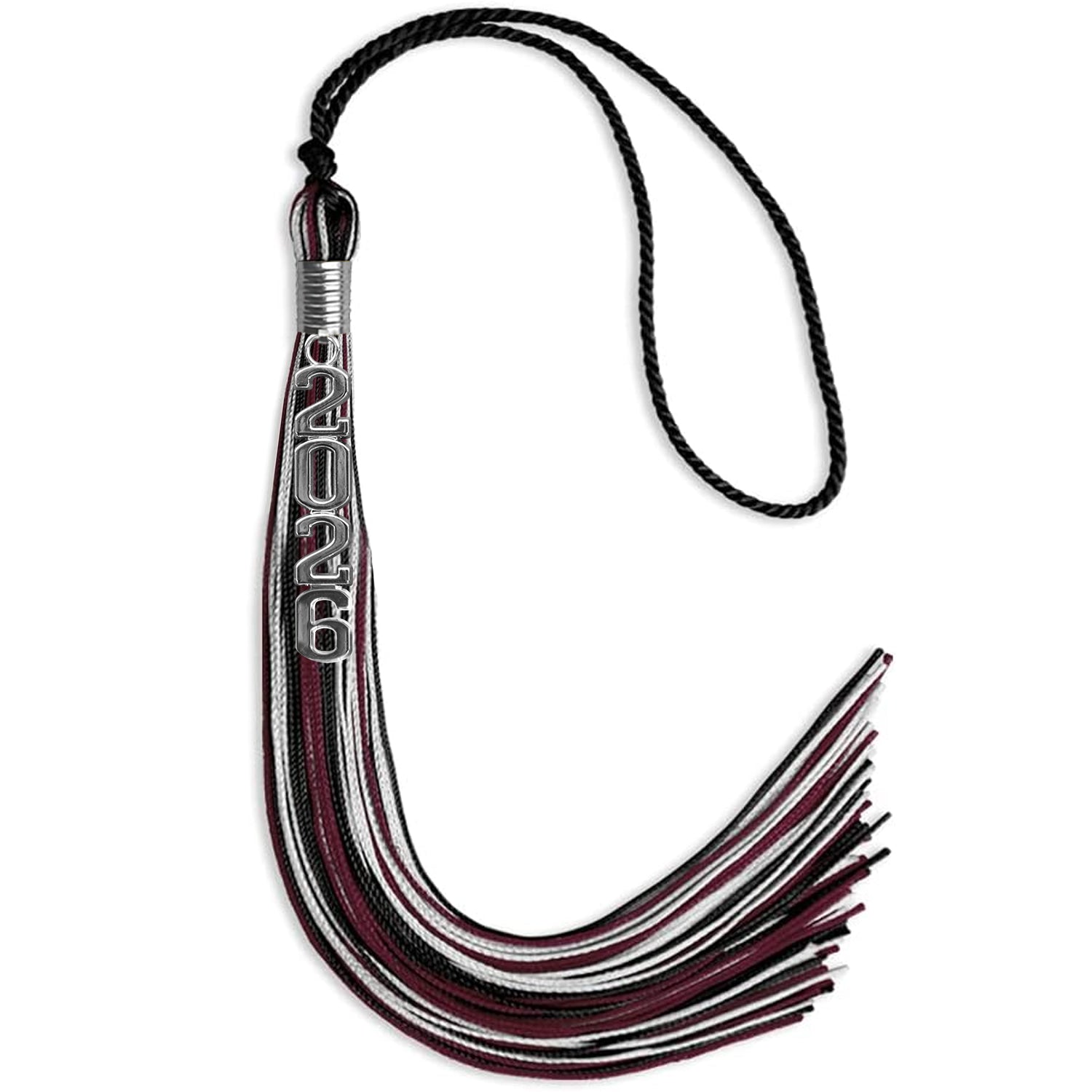 Black/Maroon/Silver Mixed Color Graduation Tassel with Silver Stacked Date Drop - Endea Graduation