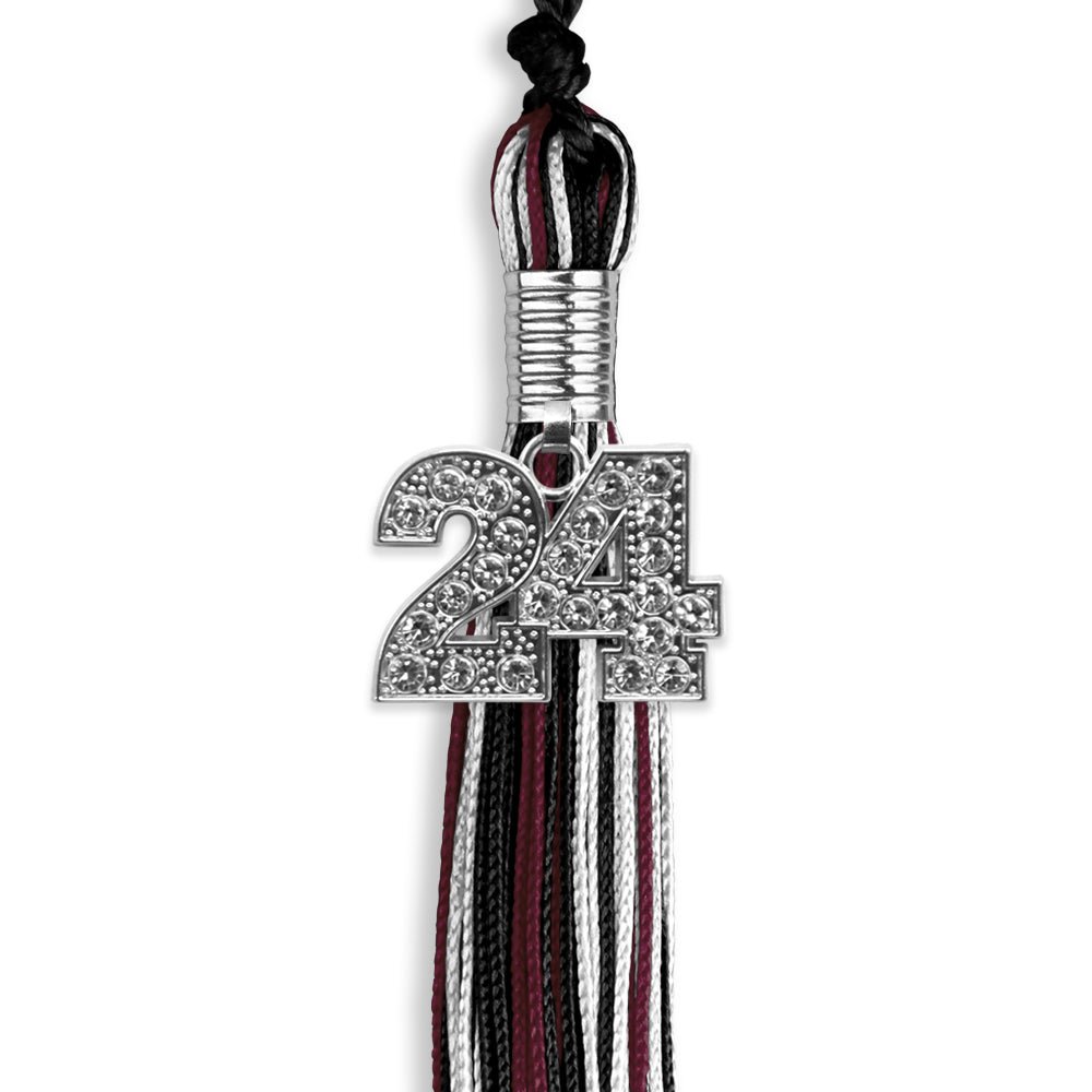 Black/Maroon/White Mixed Color Graduation Tassel with Silver Date Drop - Endea Graduation