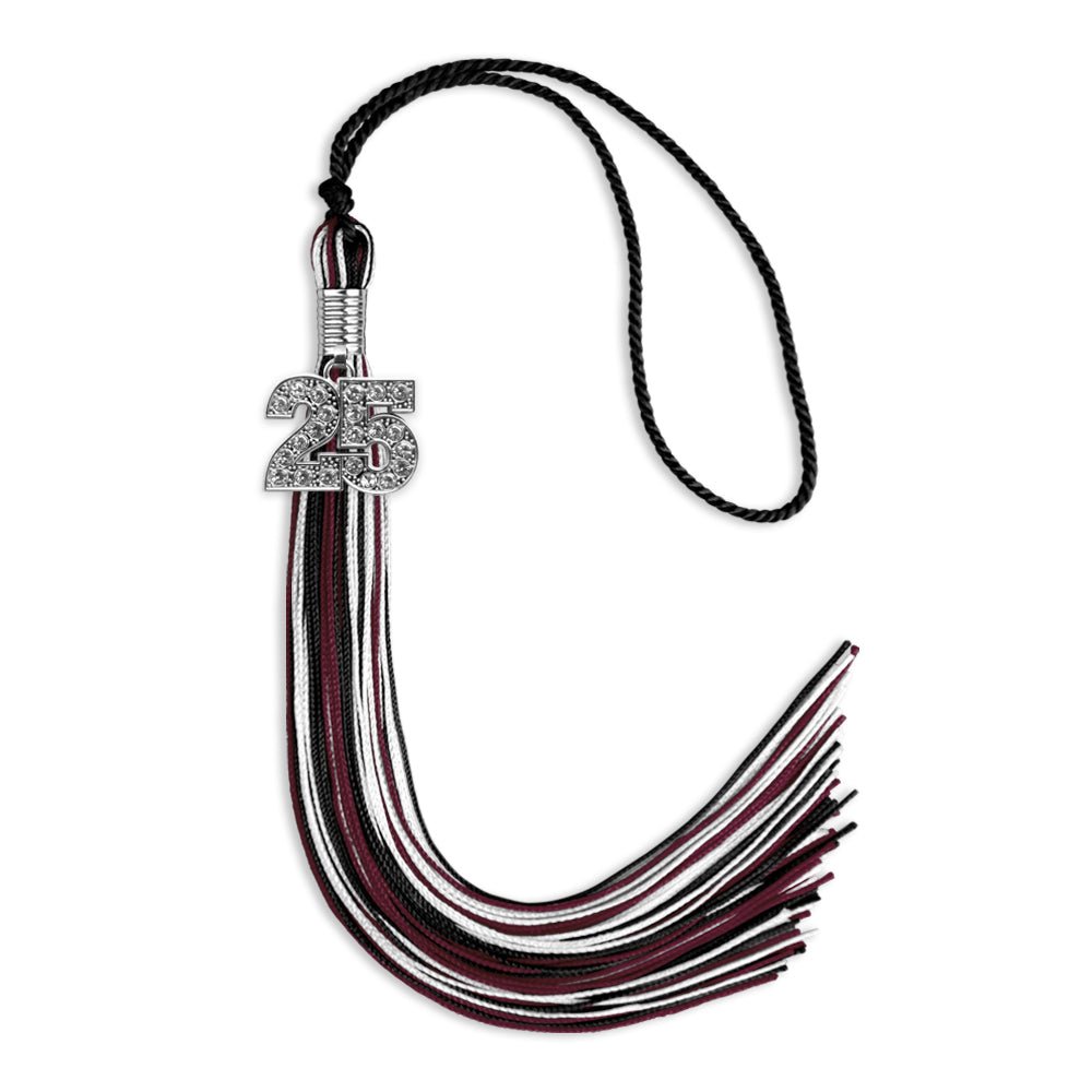 Black/Maroon/White Mixed Color Graduation Tassel with Silver Date Drop - Endea Graduation