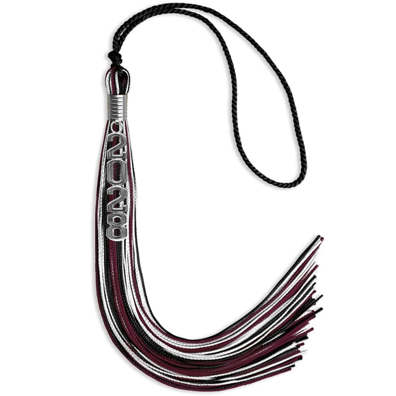 Black/Maroon/White Mixed Color Graduation Tassel with Silver Stacked Date Drop - Endea Graduation