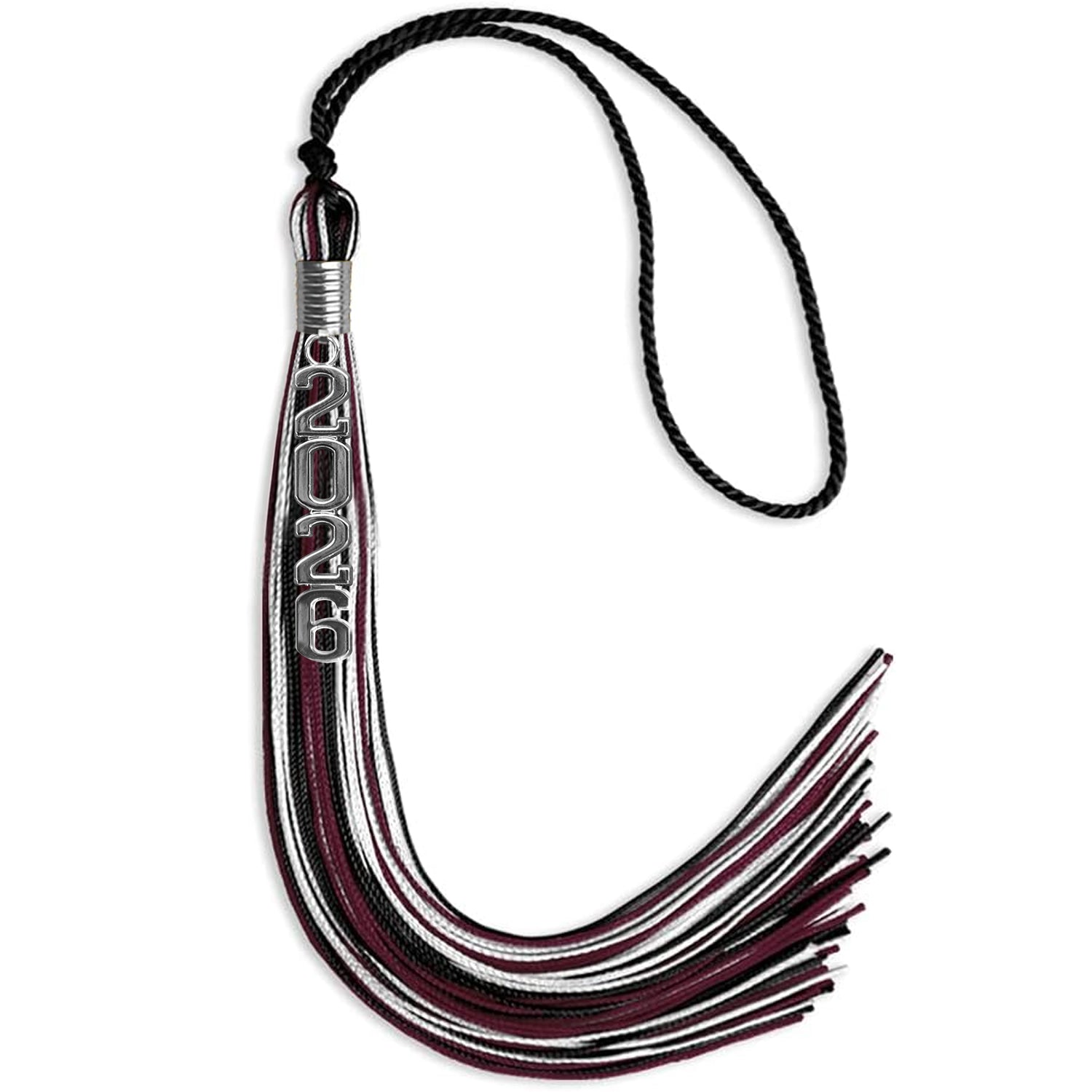 Black/Maroon/White Mixed Color Graduation Tassel with Silver Stacked Date Drop - Endea Graduation